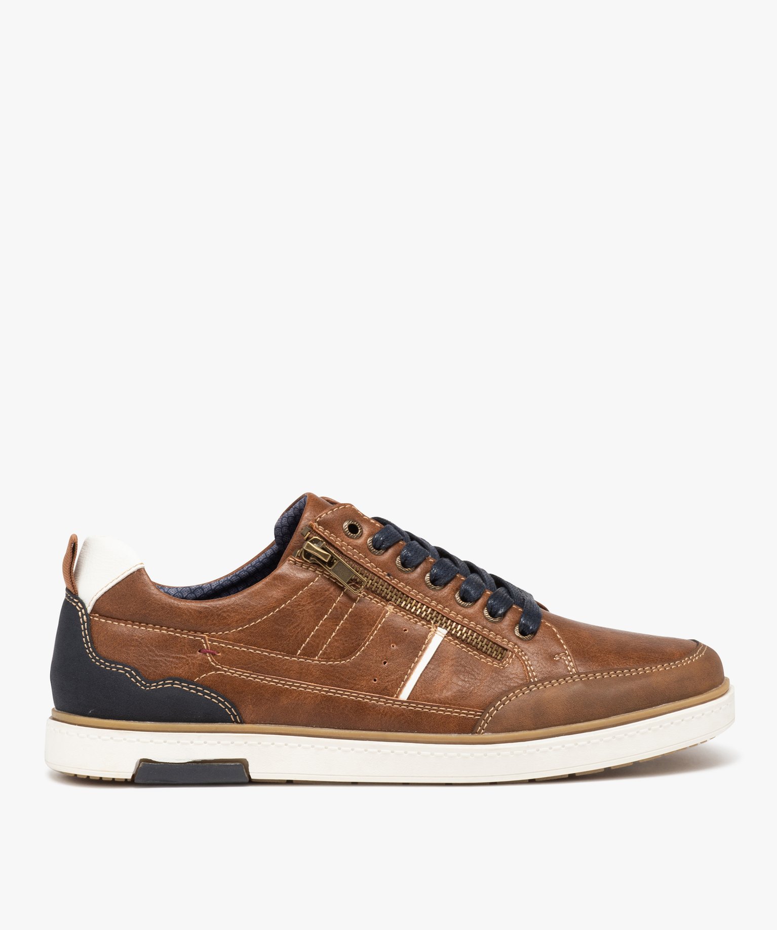 Basket bicolore avec fermeture lacets et zip homme camel | GEMO