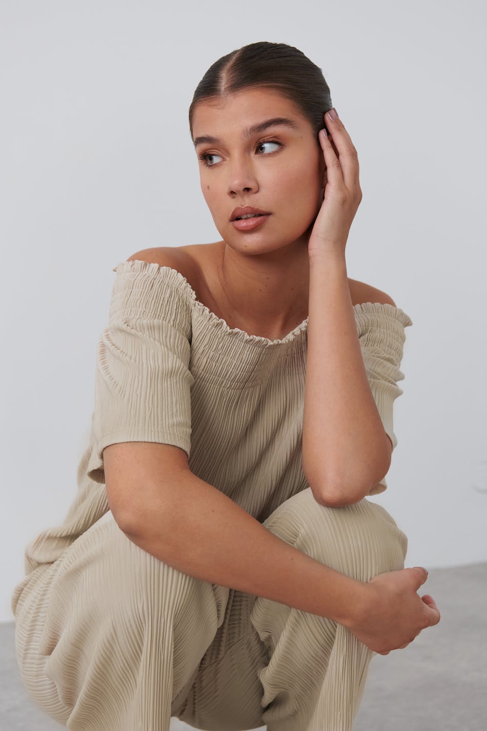 Off shoulder plisse top