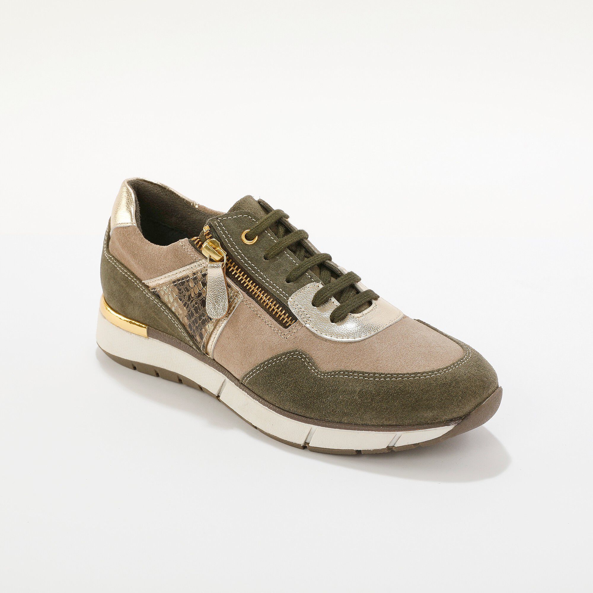Baskets zippées en cuir empiècement python doré
