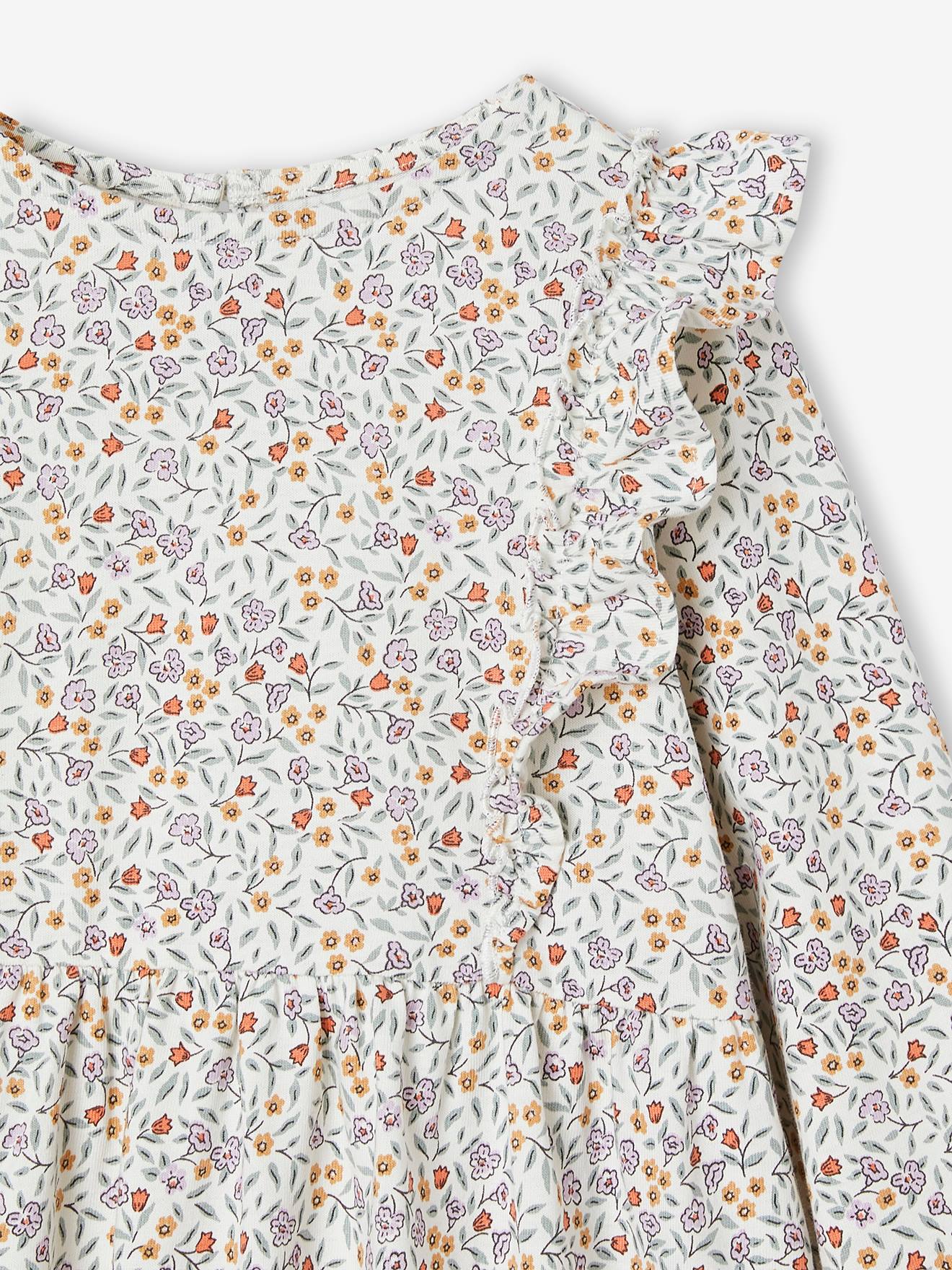 Robe imprimée fleurs fille manches volantées bleu grisé