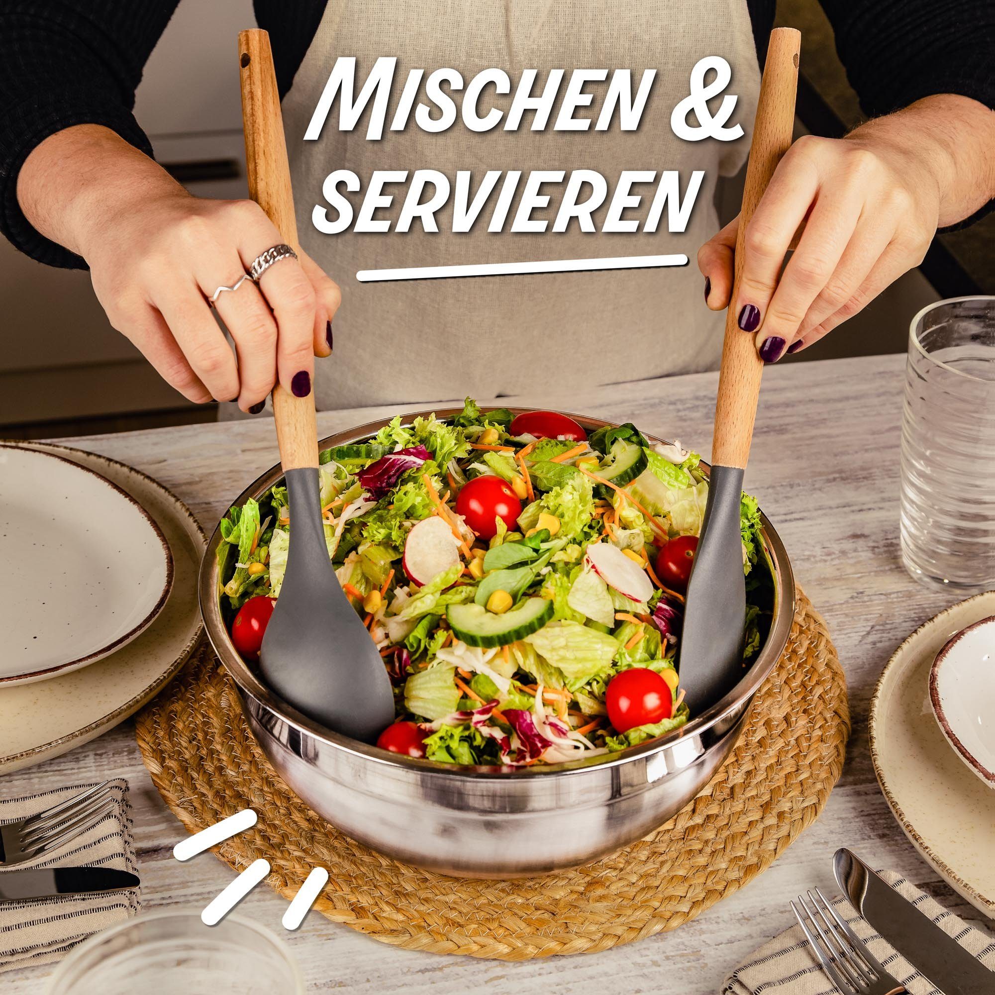 Praknu Salatschüssel mit Deckel - Schüsselset aus Metal Groß Tupperware Edelstahlschüssel, Edelstahl, (Set, 3-tlg), Luftdicht - Rührschüssel mit Messskala - Ideal zum Mischen