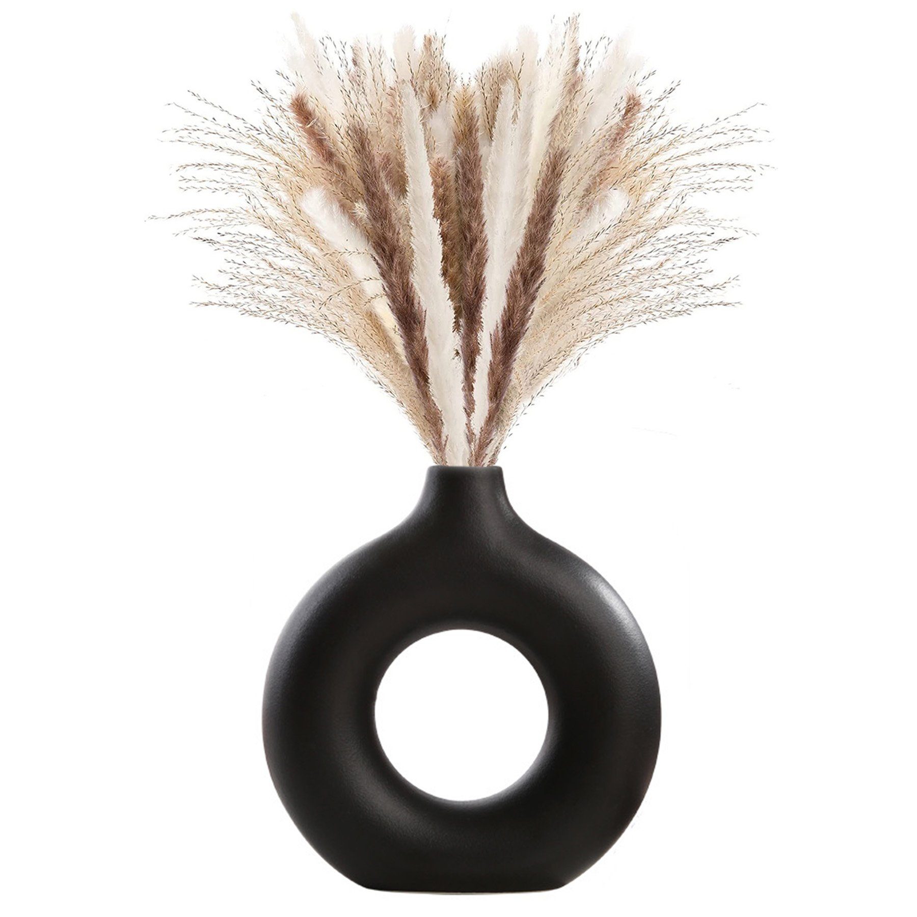 CALIYO Dekovase Keramik Vase Moderne Donut vase schwarz Getrocknete Vase, für Pampasgras Blumenvase Kunst Deko für Wohnzimmer Büro Dekoration