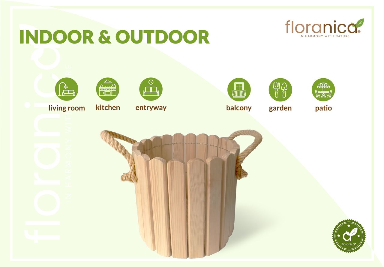 Pemicont Floranica Runder Blumentopf aus Holz 33x20cm Nicht imprägnierte Kiefer Schutzhülle für Kräuter Blumen Dekoration für Haus und Garten Truhe Für den Innen- und Außenbereich EU-Produkt