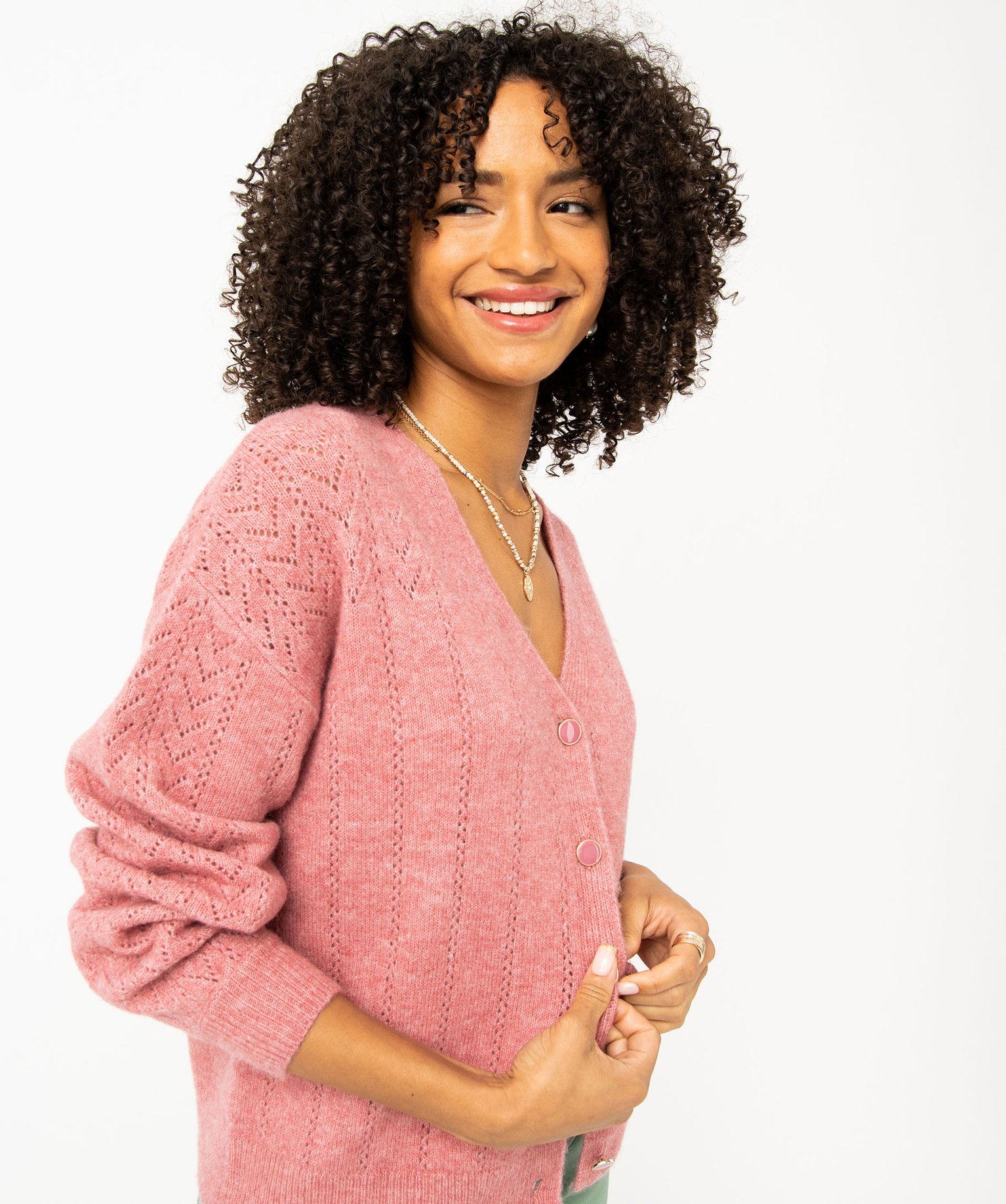 Gilet coupe droite en maille douillette ajourée femme rose | GEMO