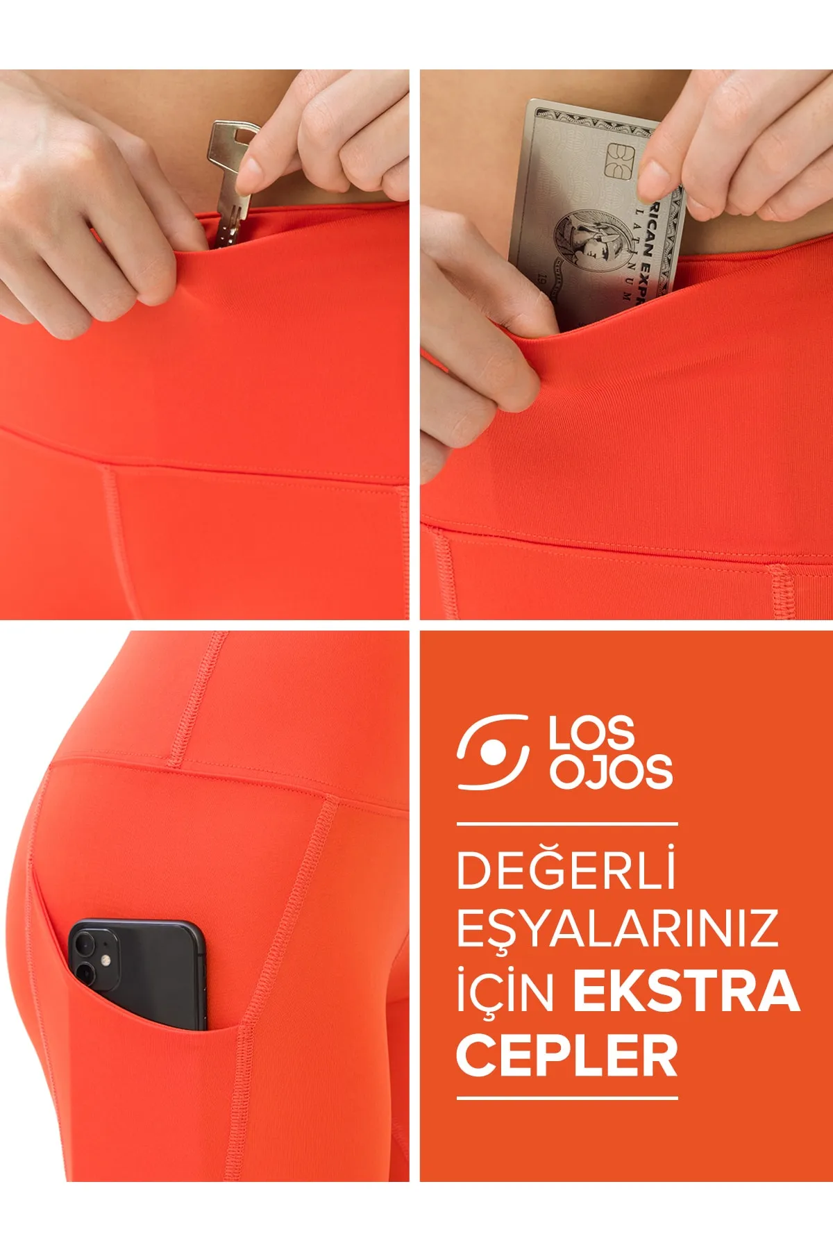 LOS OJOS  Orangefarbene Damen-Leggings mit hoher Taille und doppelten Taschen