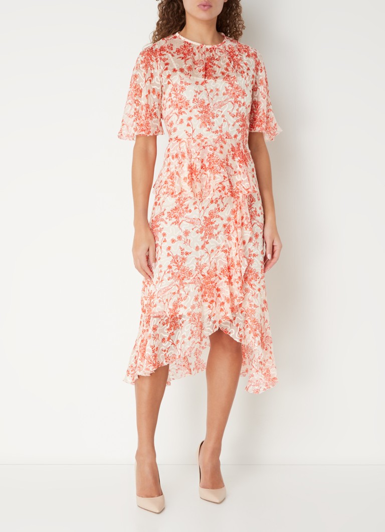 Vestido túnica midi semitransparente Thea de LKBennett, en mezcla de seda con estampado floral.