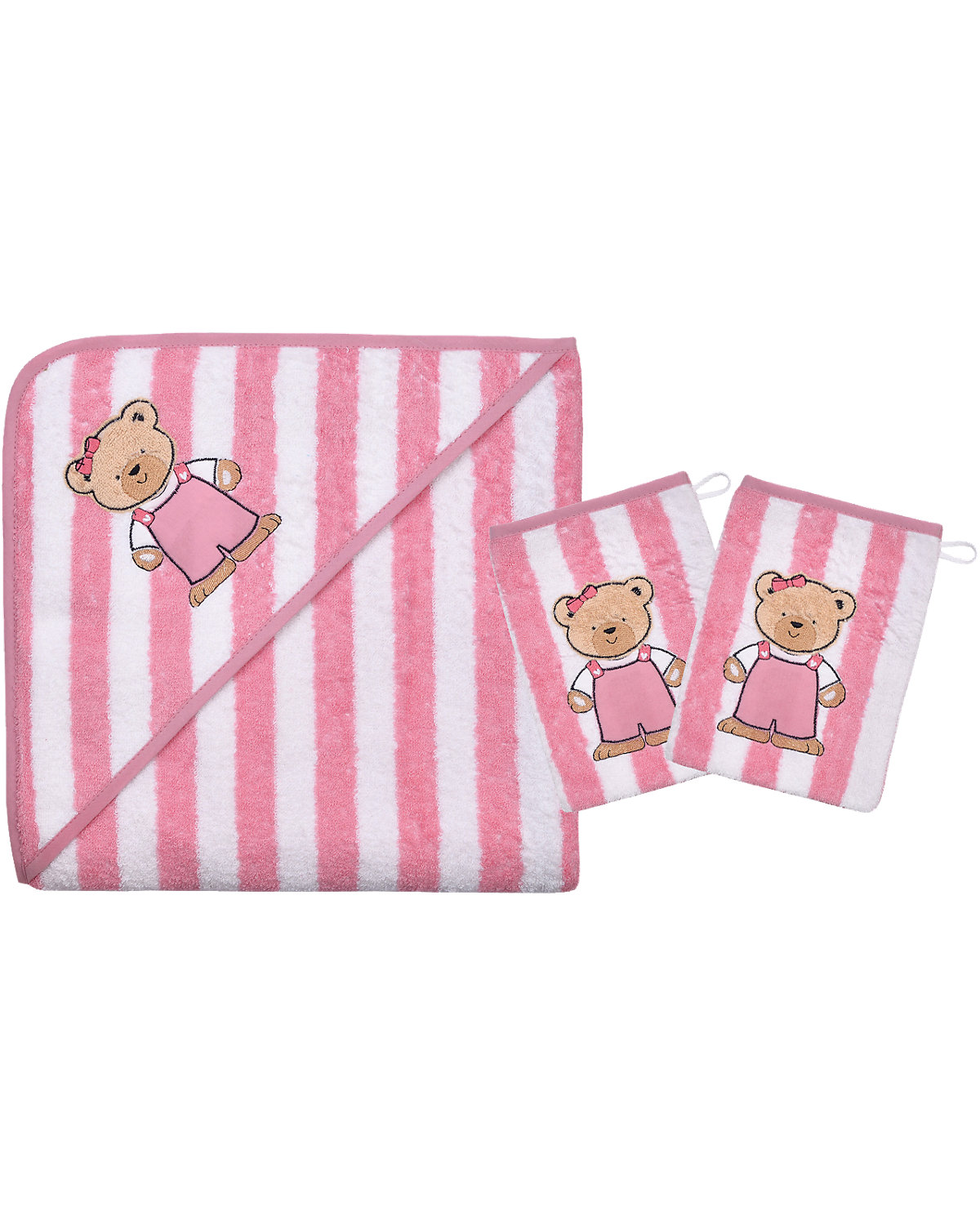 Set Kapuzenbadetuch mit 2 Waschlappen, Teddy Ringel, rosa, 80 x 80 cm