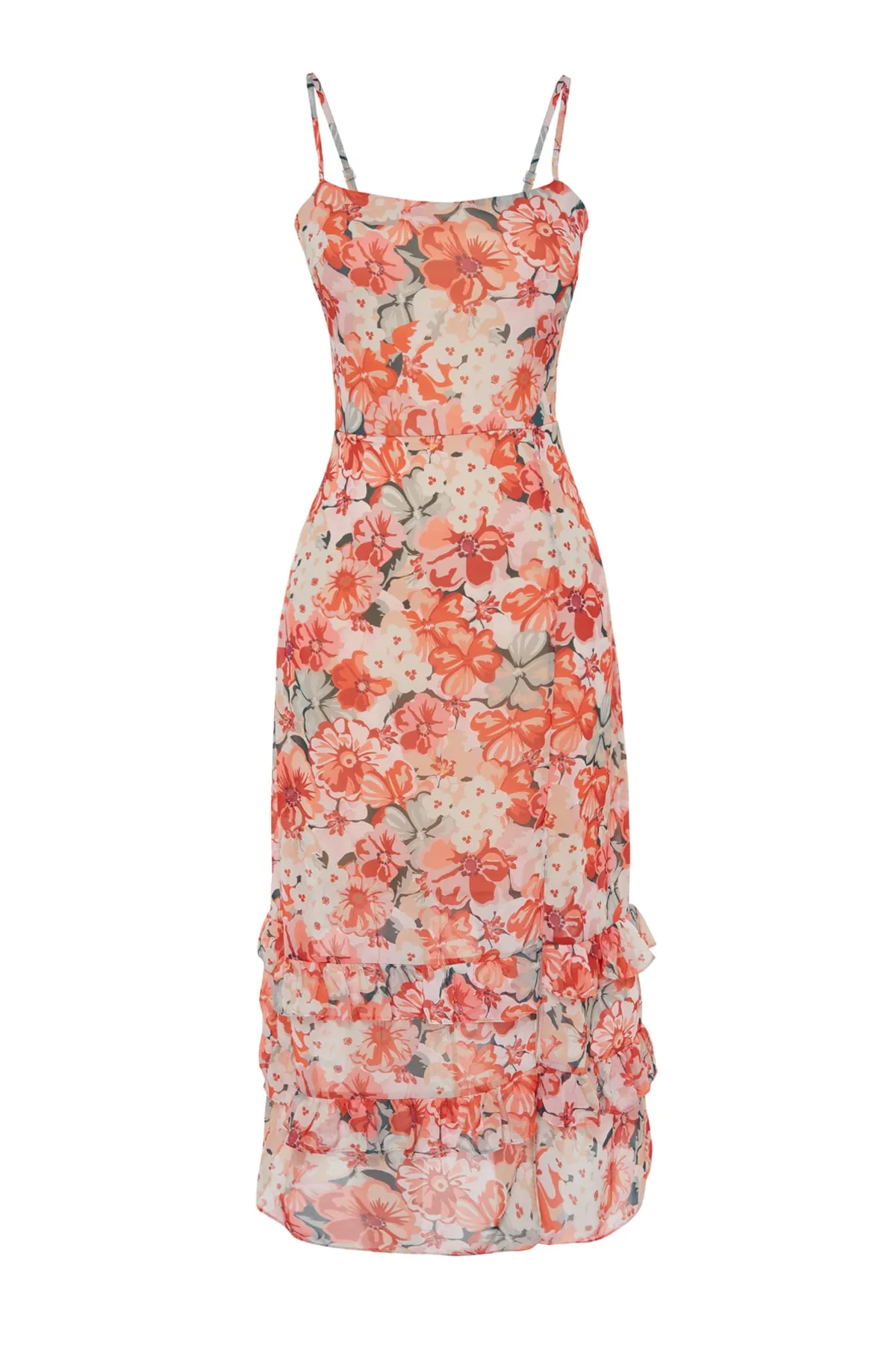 Trendyol Collection  Mehrfarbiges, gewebtes Midikleid in A-Linie/Glockenform mit Rüschendetail und Blumendruck TWOSS23EL01872