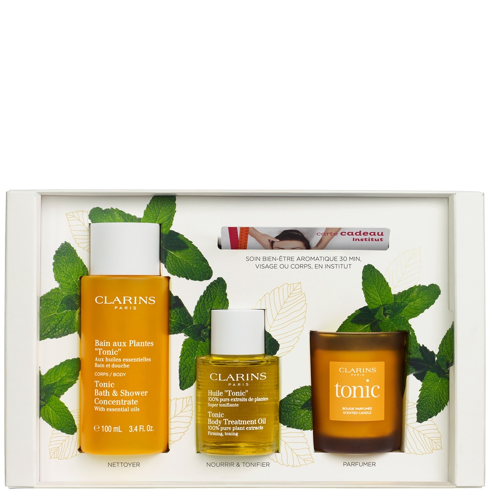 Clarins Coffret duo bien-être Tonic Soin 30 min + Bain aux Plantes Tonic Huile Tonic Bougie Parfumée Tonic