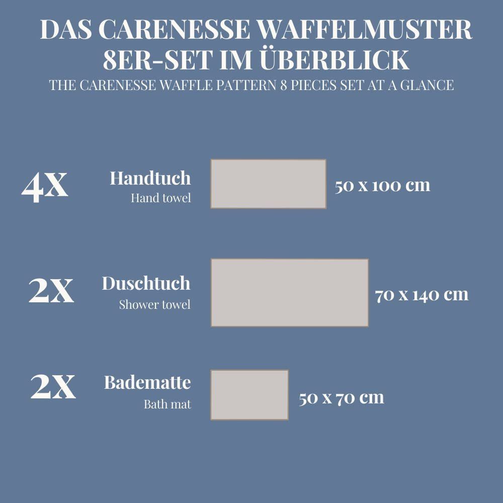 Carenesse Handtuch Set 4x Handtuch, 2x Duschtuch, 2x Badvorleger grau, 8-tlg. Set, Baumwolle, Waffelmuster & Bordüre I Frottee Handtücher fusselfrei & saugstark