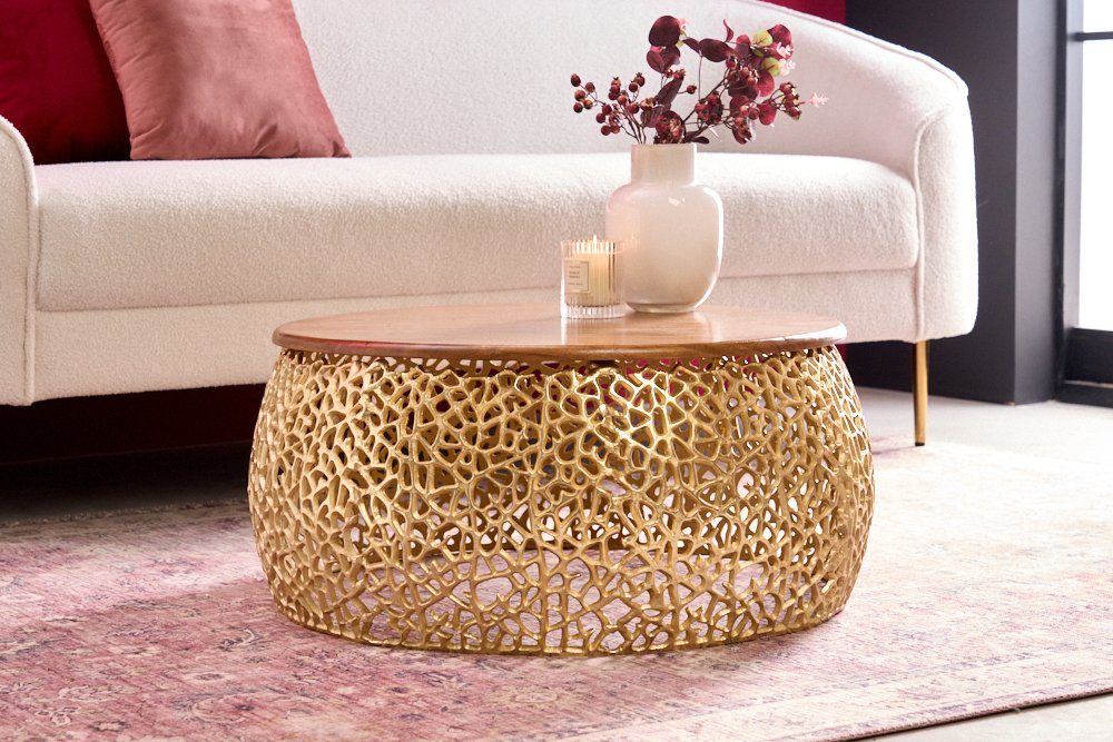 riess-ambiente Couchtisch ABSTRACT LEAF Ø75cm gold / braun (Einzelartikel, 1-St), Wohnzimmer · Massivholz · Metall · rund · handmade · Modern Design