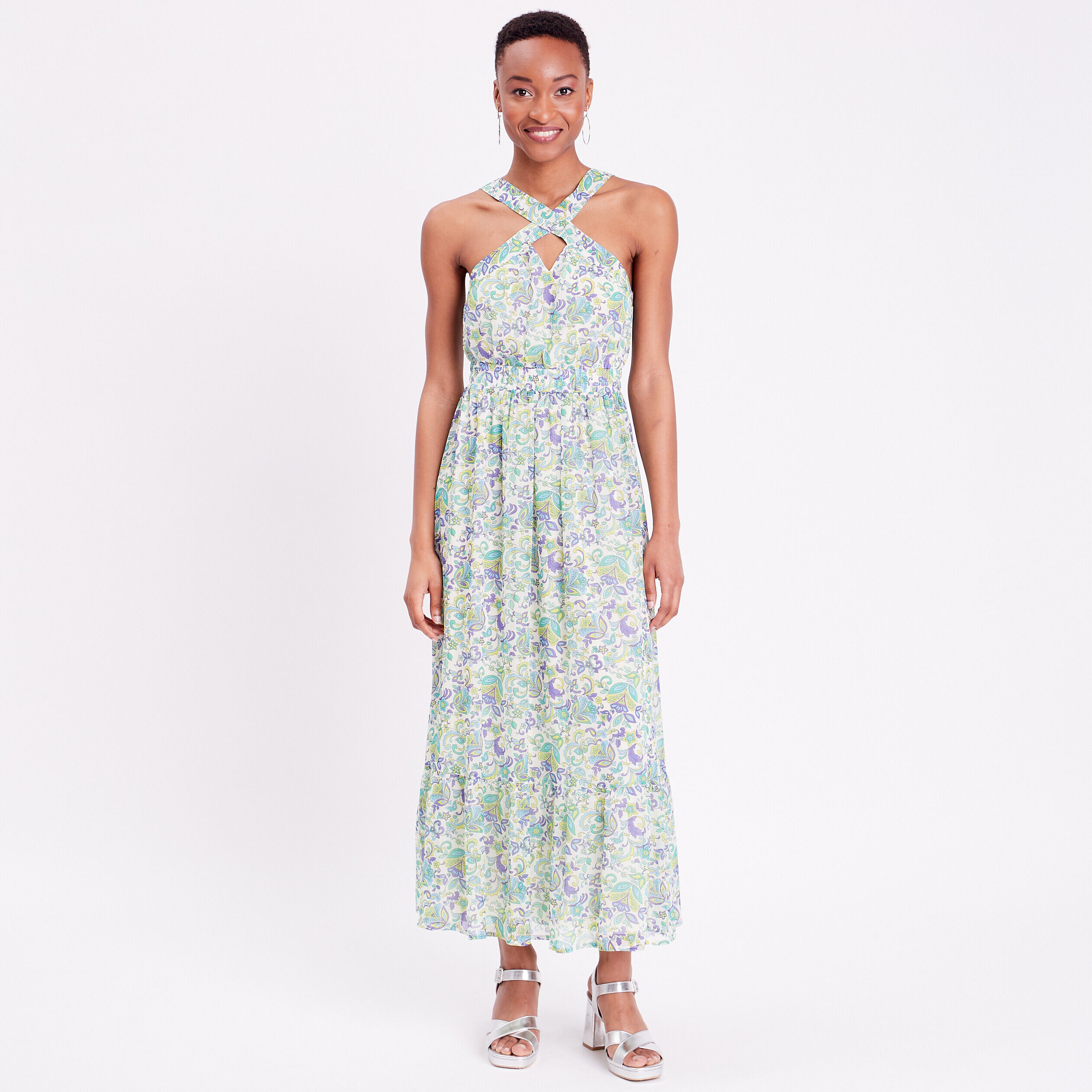Robe longue évasée bretelles beige femme | Cache Cache