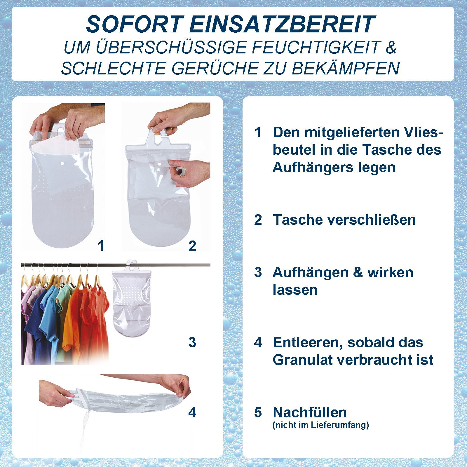 BlueCraft Luftentfeuchter-Nachfüllpack für Schränke, kleine Räume zum Aufhängen 3 Stück, Schlafzimmer Wohnung Nachfüller gegen Schimmel, Raum-Entfeuchter ohne Strom, Kleiderschrank Entfeuchter inkl. je 450 g Granulat im Vliesbeutel
