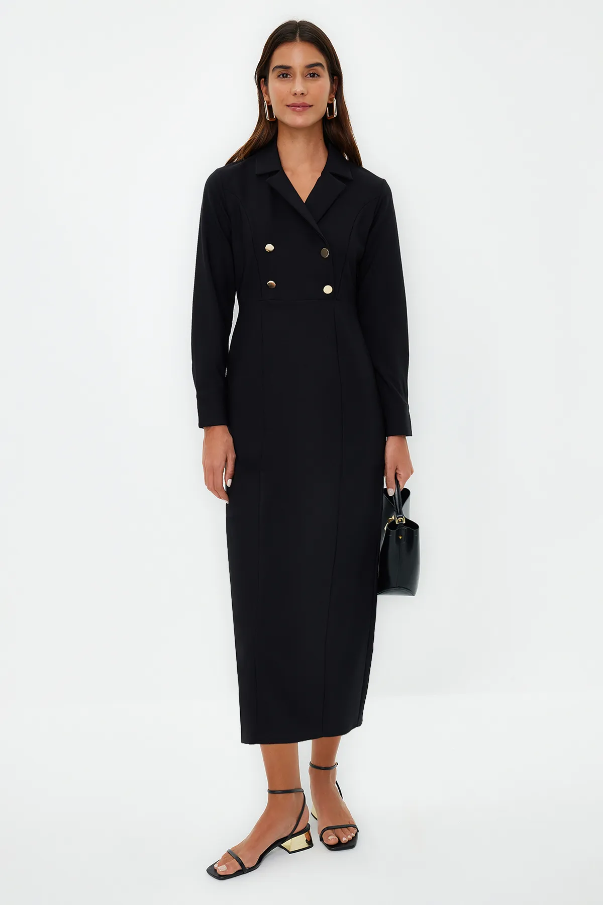 Trendyol Modest  Schwarzes, zweireihiges, gewebtes Kleid mit Kragen und Knöpfen TCTSS24EB00020