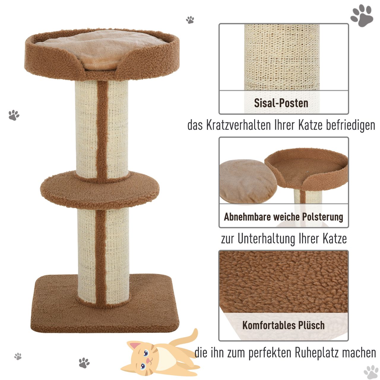 PawHut Katzenbaum Spielbaum Kratzstamm mit Plattform Sisal E1 Spanplatte Plüsch Hellbraun 45 x 45 x 91 cm