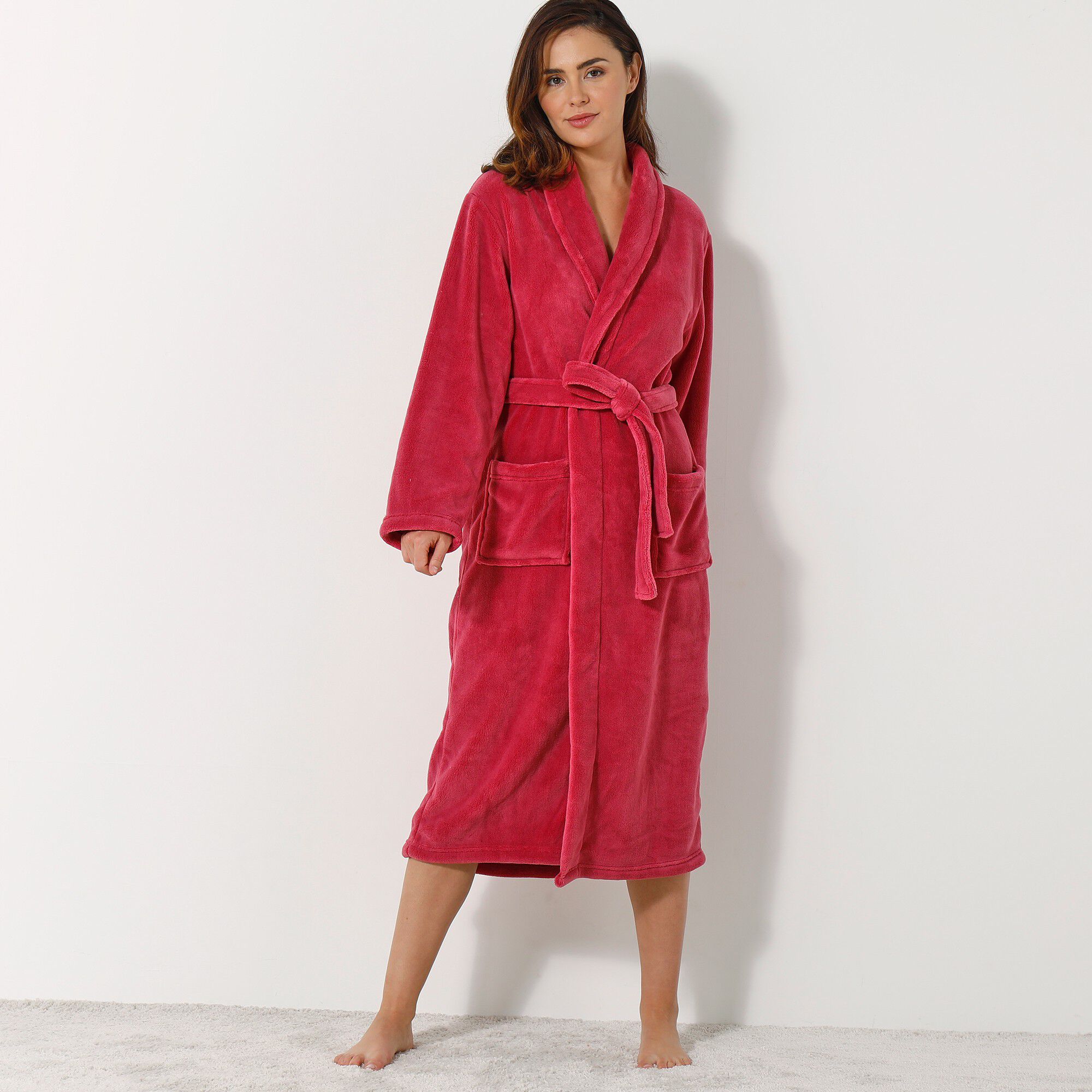 Peignoir mixte adulte col châle, microfibre toucher peluche
