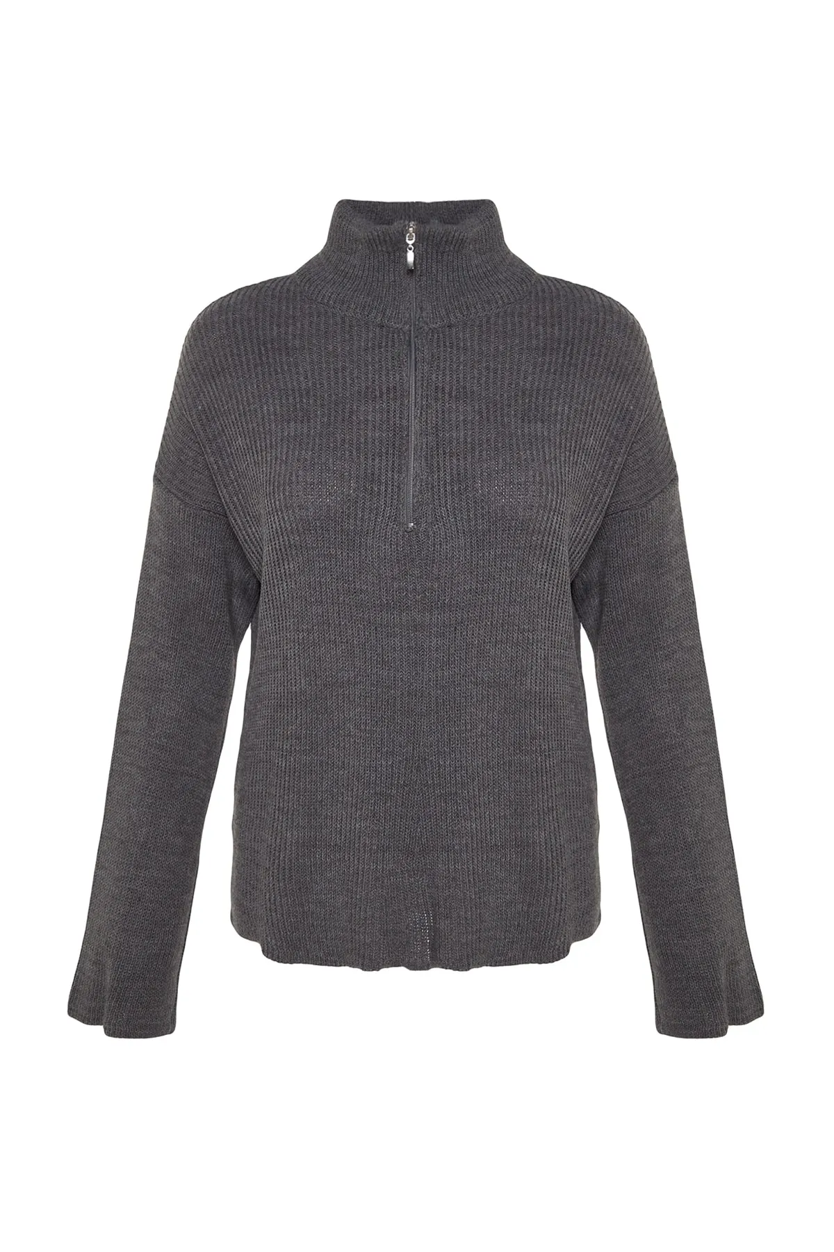 Trendyol Collection  Anthrazitfarbener Strickpullover mit breitem Muster und Reißverschluss und hohem Kragen TWOAW24KZ00507