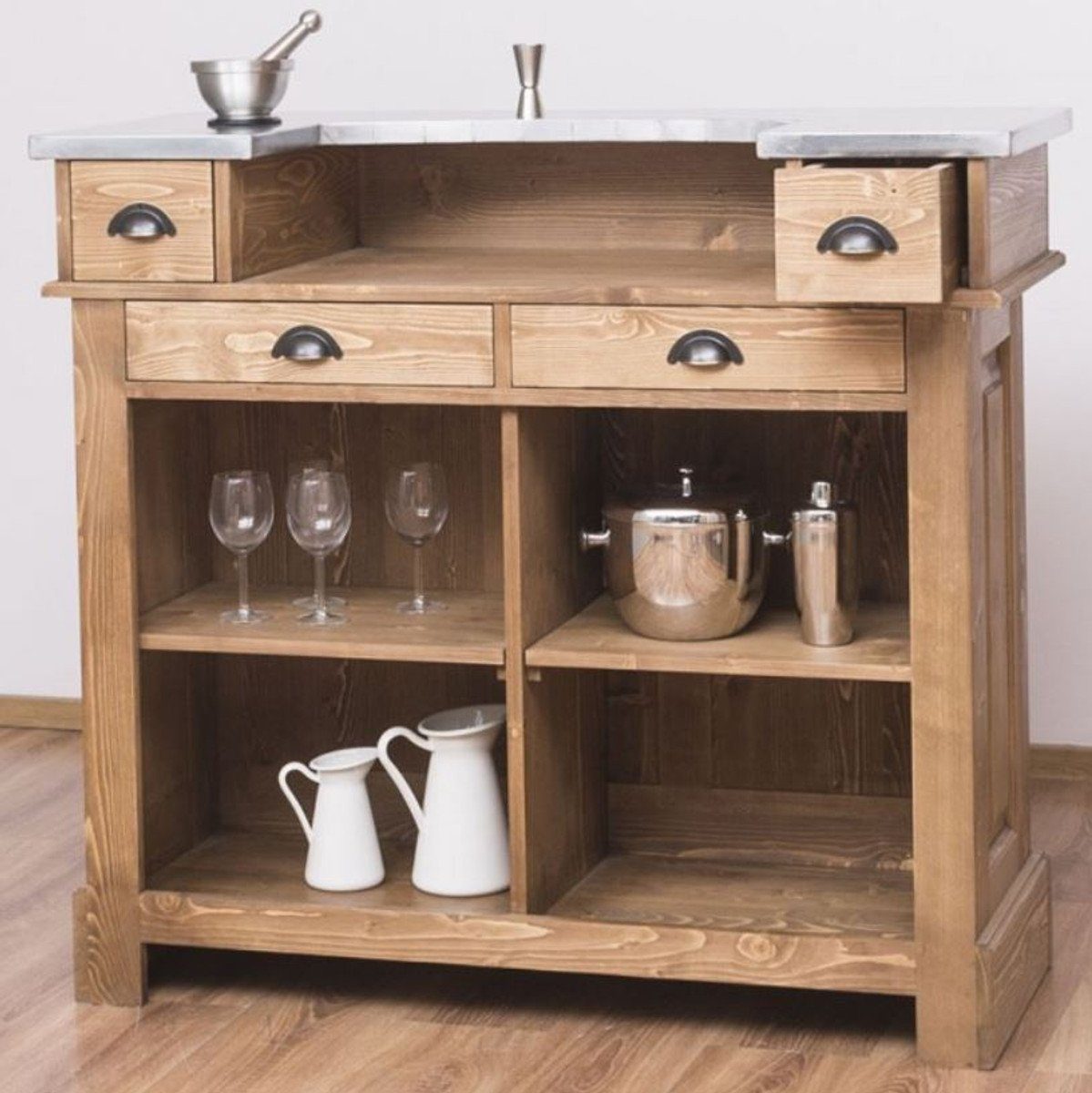 Casa Padrino Barschrank Landhausstil Theke Naturfarben / Silber 120 x 65 x H. 107 cm - Massivholz Thekentisch mit verzinkter Tischplatte - Barmöbel im Landhausstil