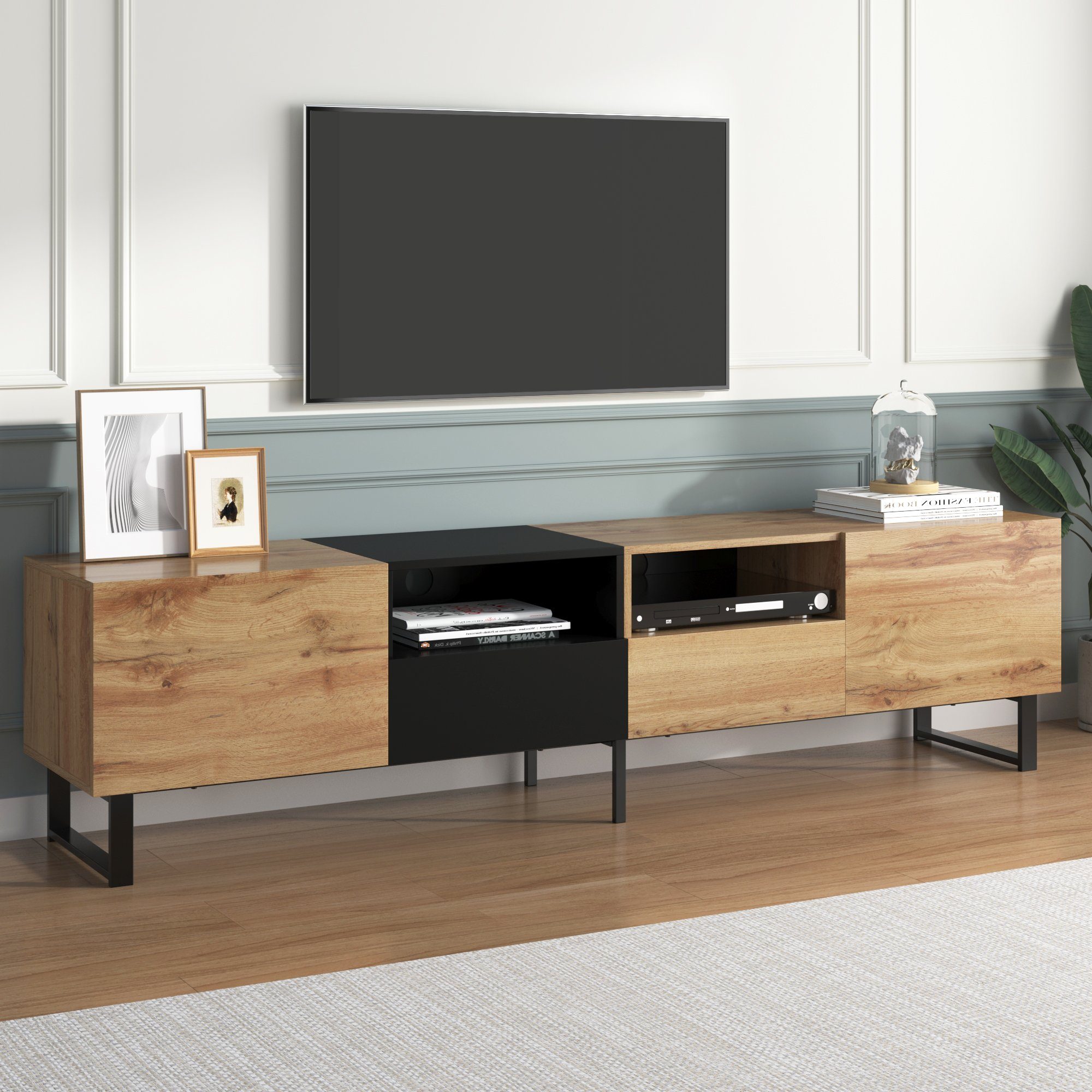 Merax Lowboard Wildeiche TV-Board mit vier Schubkästen, Fernsehtisch, TV-Schrank Vintage Industrial, aus Holz, Breite 190cm