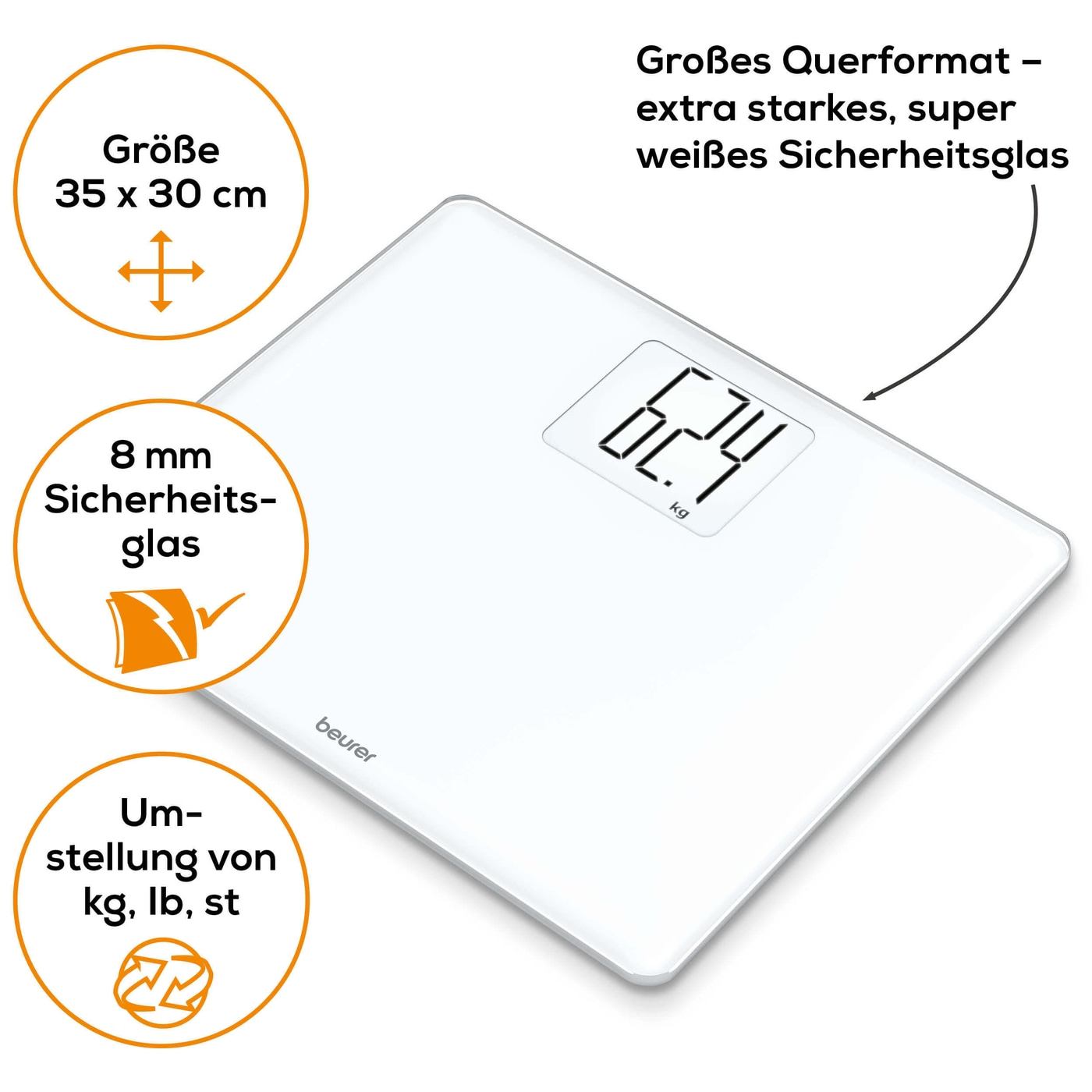 Beurer Glaswaage GS 340 XXL-Große Personenwaage aus Glas mit praktischer Tara-Zuwiegefunktion - bis 200 kg