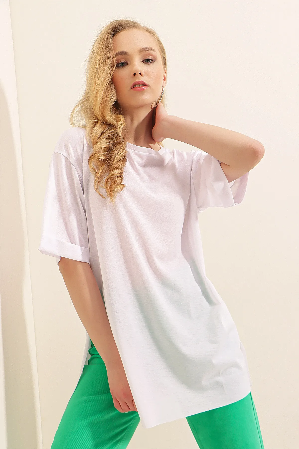 Bigdart  4123 Geschlitztes Oversize-T-Shirt – Weiß