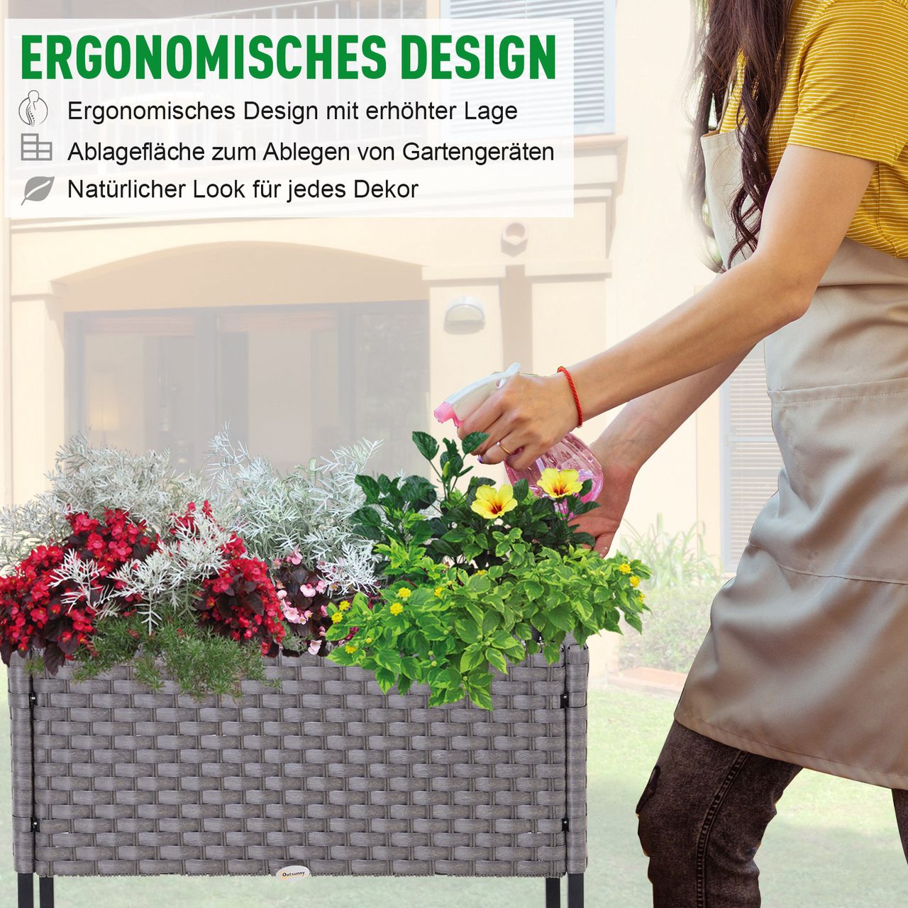 Outsunny Poly Rattan Hochbeet Blumentopf Blumenkasten mit Füßen mit Ablage