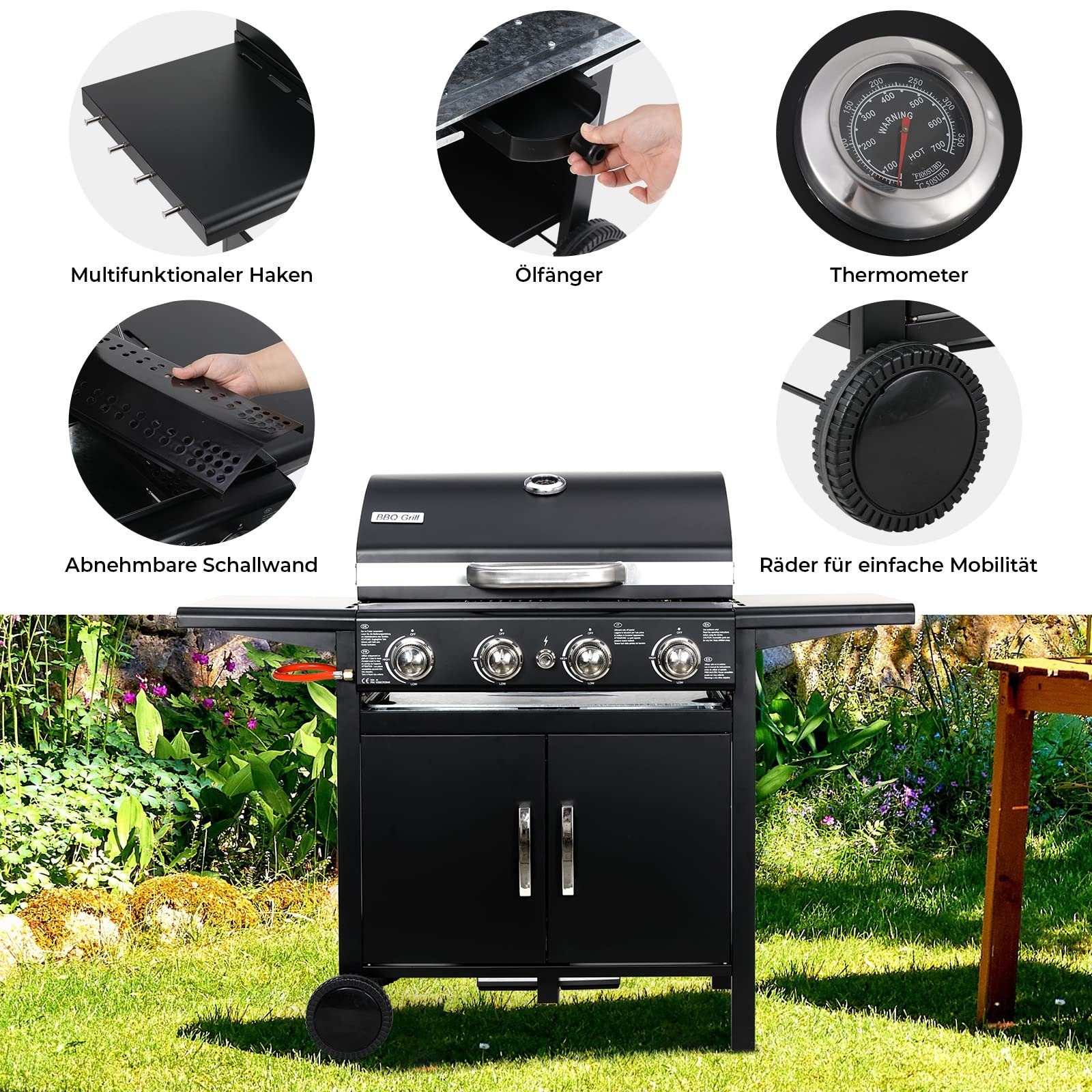 Femor Gasgrill, 4 Brenner Gasgril BBQ Grillwagen mit Thermometer Große Grillfläche