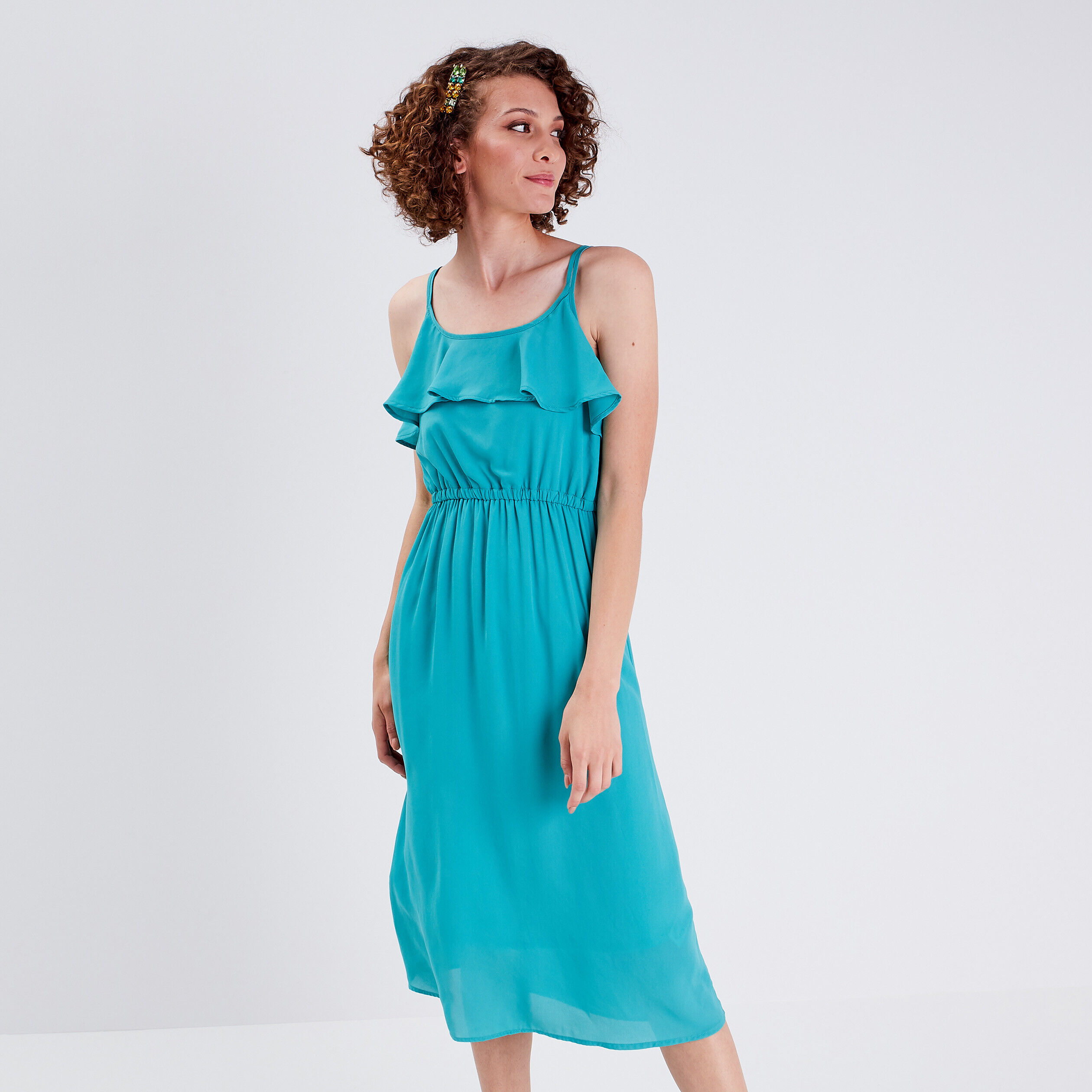 Robe longue évasée bleu turquoise femme | Cache Cache