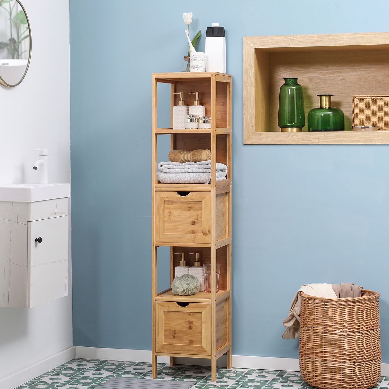kleankin Badezimmerschrank, Beistellschrank aus Bambus, Hochschrank, Kippschutz