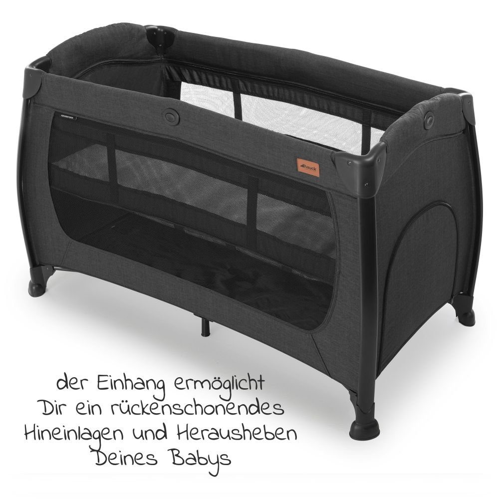 Hauck Baby-Reisebett Play'n Relax Center - Melange Black, 7-tlg., Kinderreisebett mit Matratze, Insektenschutz, Wickelauflage, Einhang