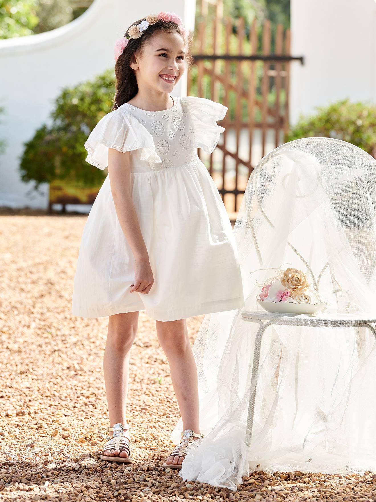 Robe de cérémonie détails broderie anglaise fille écru
