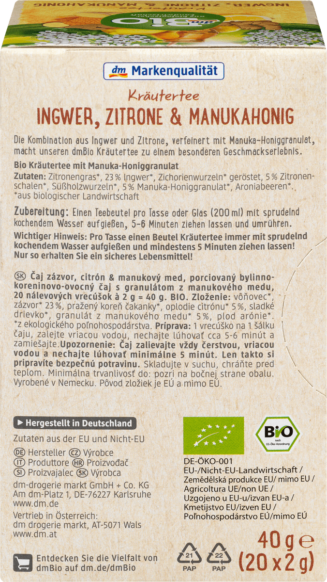 Kräuter-Tee, Ingwer, Zitrone & Manuka (20 x 2g), 40 g