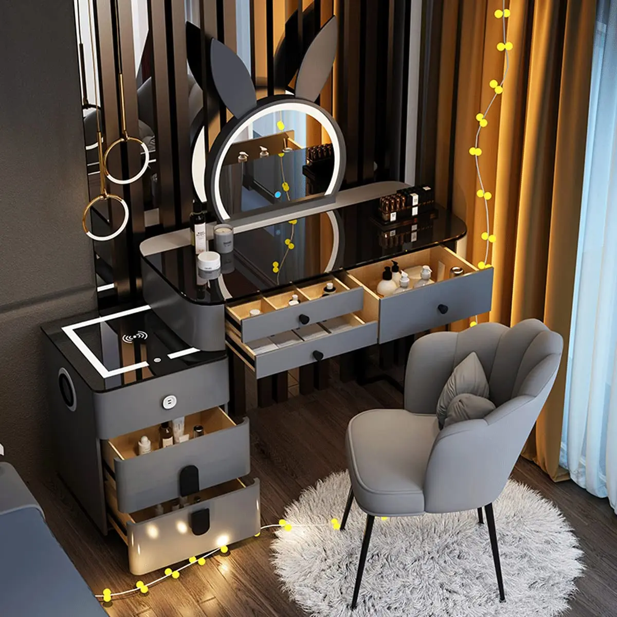 Makeup Vanity Desk Set, With 3 Color LED Lights Mirror, With Cushioned Stool, for Family Bedroom, for Her (120CM/47.2IN)