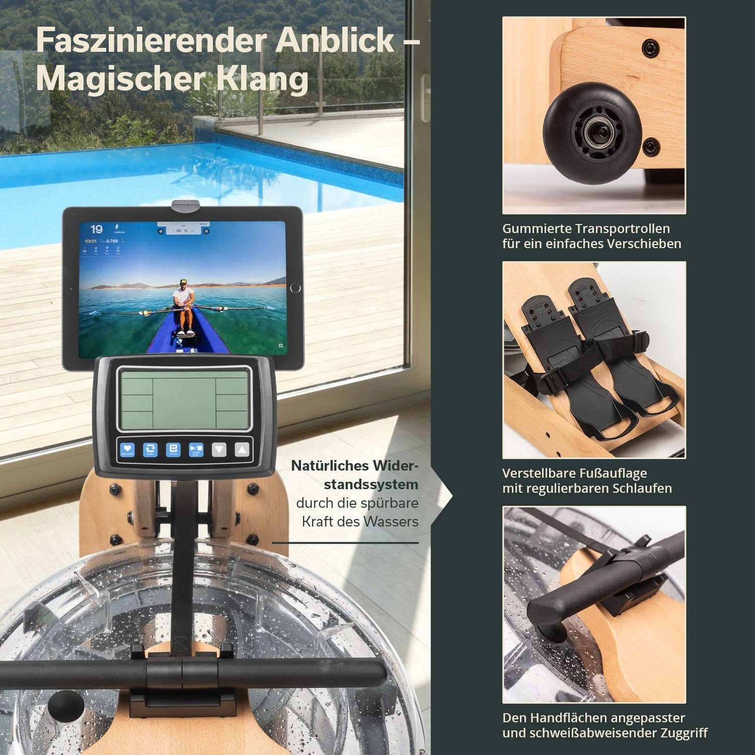 Skandika Rudergerät Nytta Wasserrudergerät für Zuhause, 45° Tank, Holz Rudergerät, klappbar, Kinomap App kompatibel, Buche
