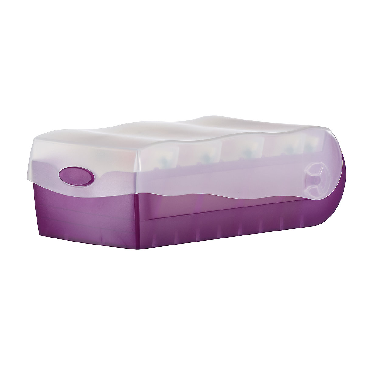 Karteibox CROCO DIN A7 quer mit 5 Stützplatten und 100 Karten, transluzent-lila