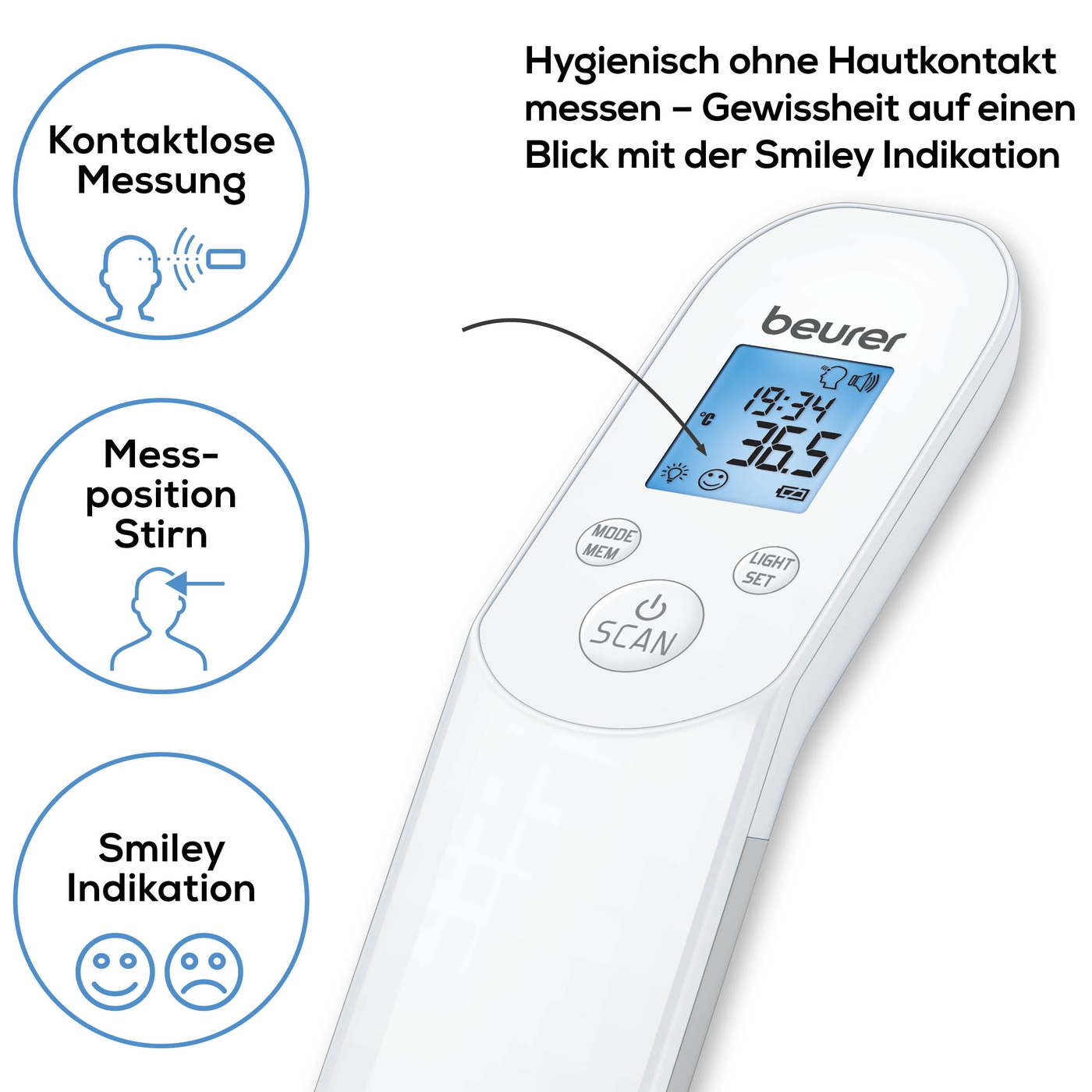 Beurer kontaktloses Thermometer FT 85-Kontaktloses Fieberthermometer für mehr Hygiene dank Infrarot-Messtechnik