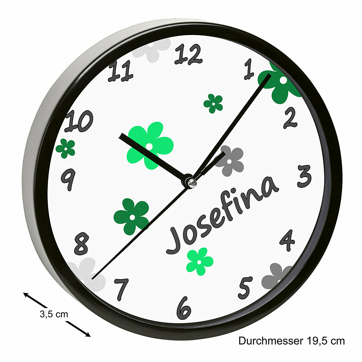 Kinder Wanduhr personalisiert mit Name Blumen Apfelgrün