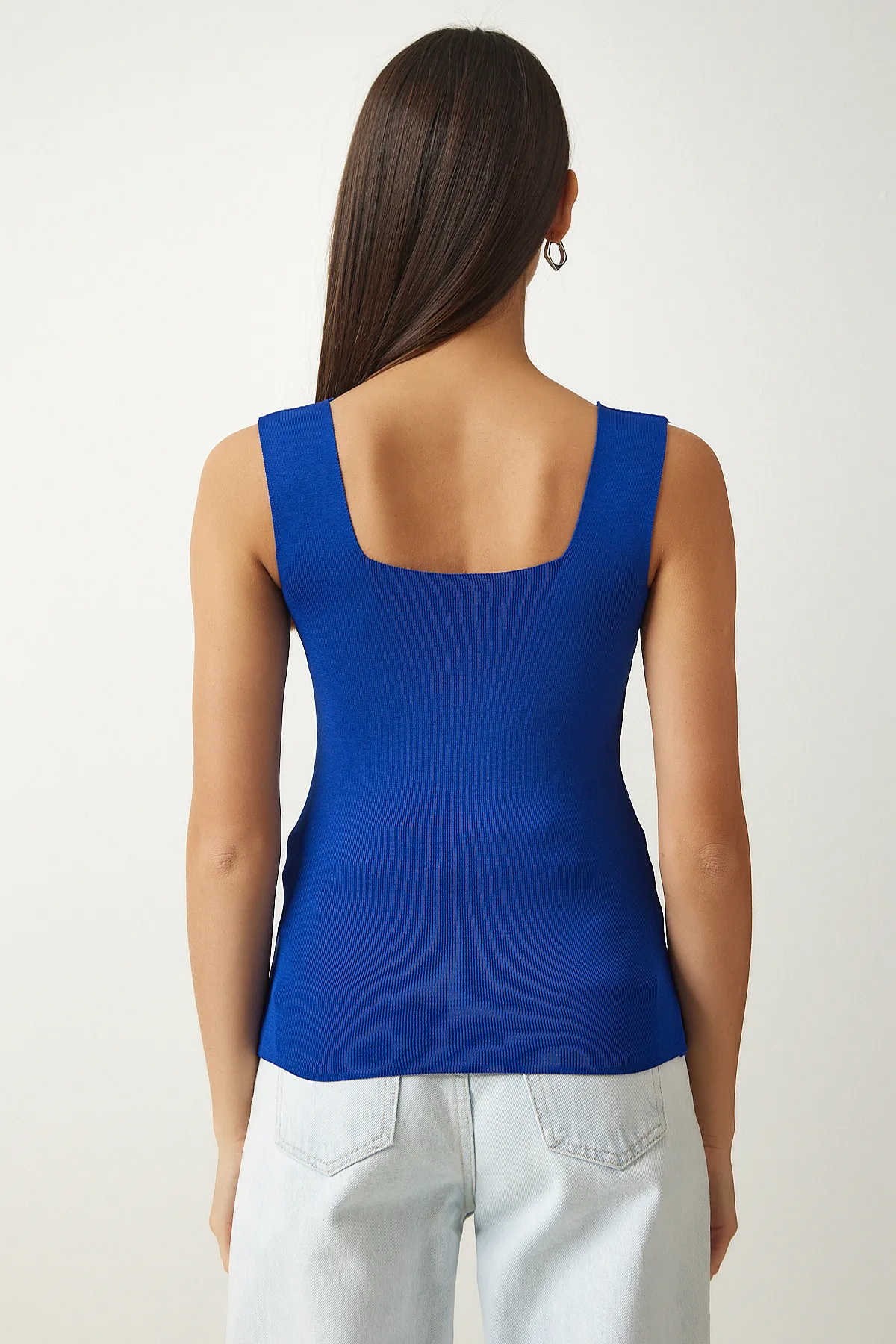 Happiness İstanbul  Vivid Blue Strick-Crop-Bluse mit eckigem Ausschnitt für Damen, Größe S US00358