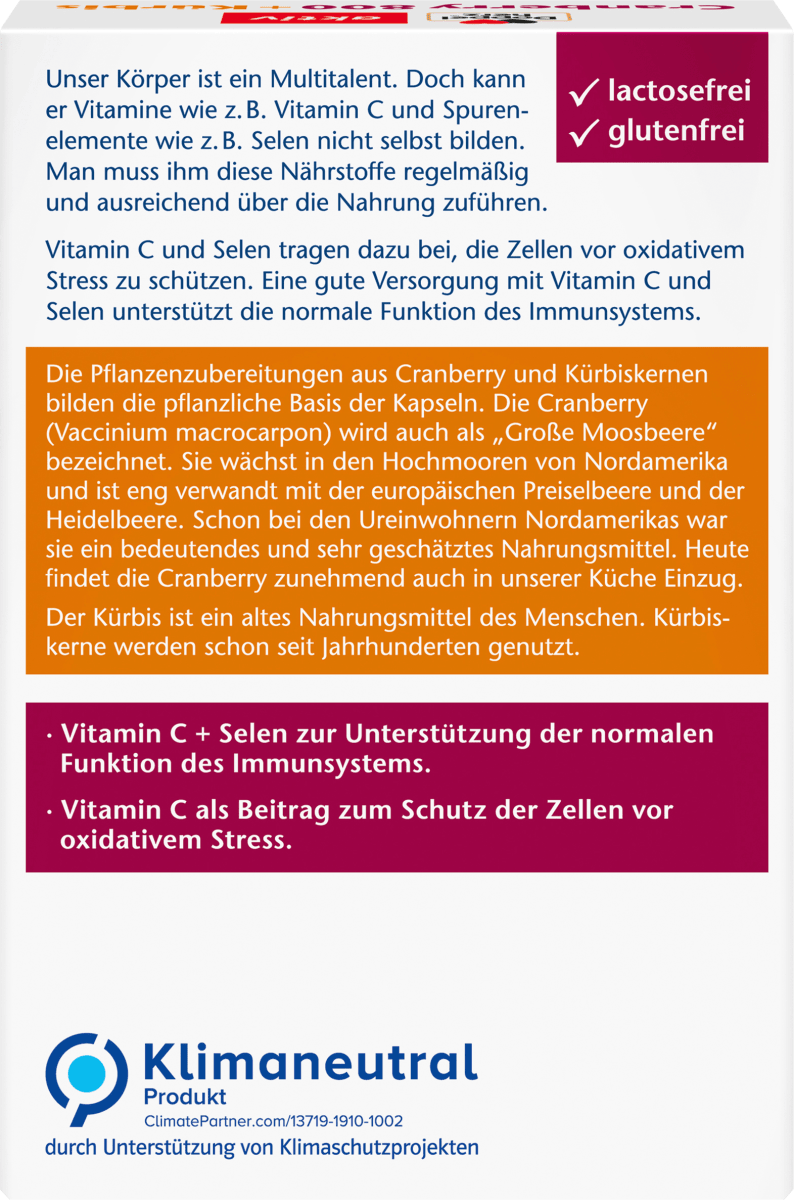 Cranberry +  Kürbis + Vitamin C + Selen Kapseln 30 St., 27,7 g
