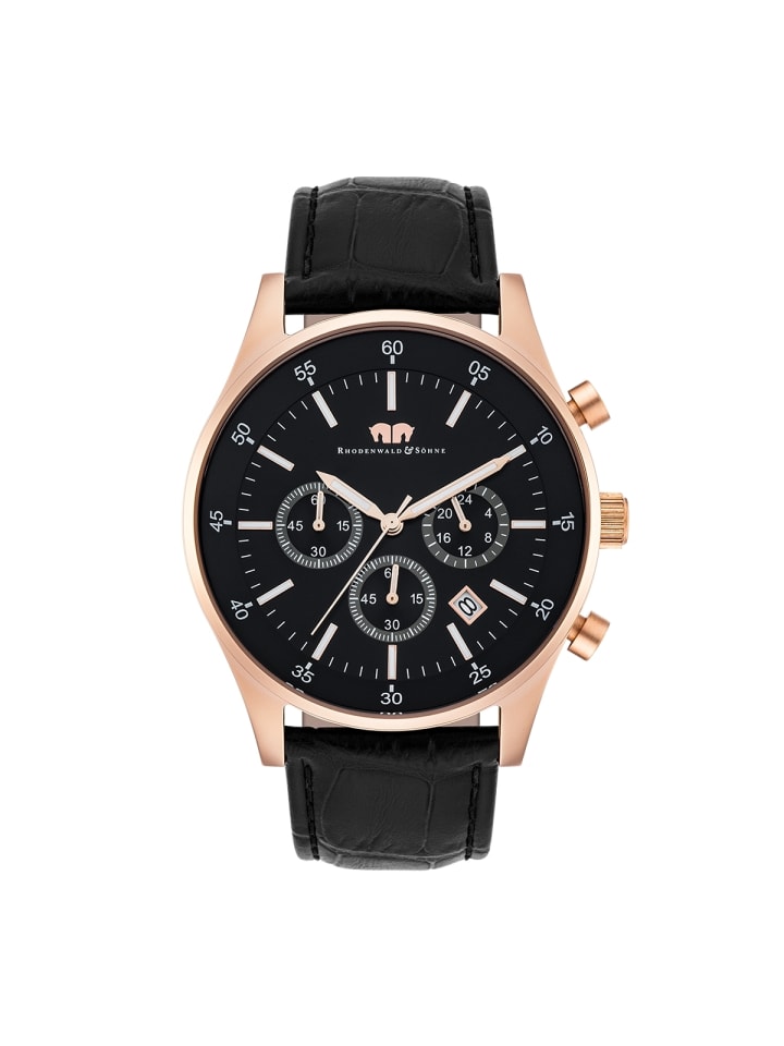 Rhodenwald & Söhne Herren Chronograph roségold Echtleder schwarz in schwarz günstig kaufen 21,5 cm