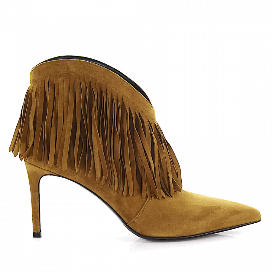 Saint Laurent - High Heels Stiefeletten Veloursleder Fransen beige - beige