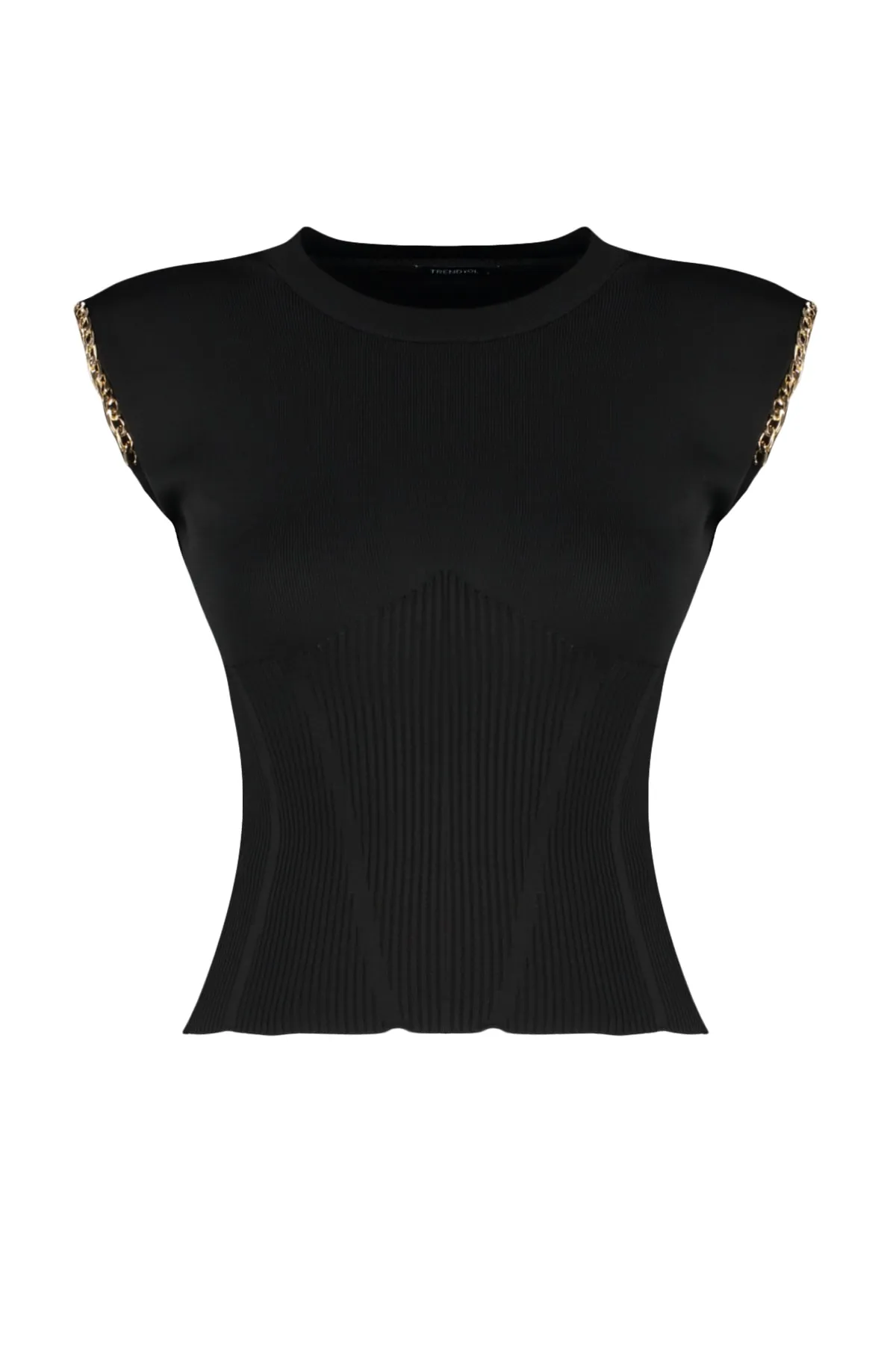 Trendyol Collection  Schwarze Strickbluse mit Metallkette und detailliertem Strickmuster TWOSS23BZ00621