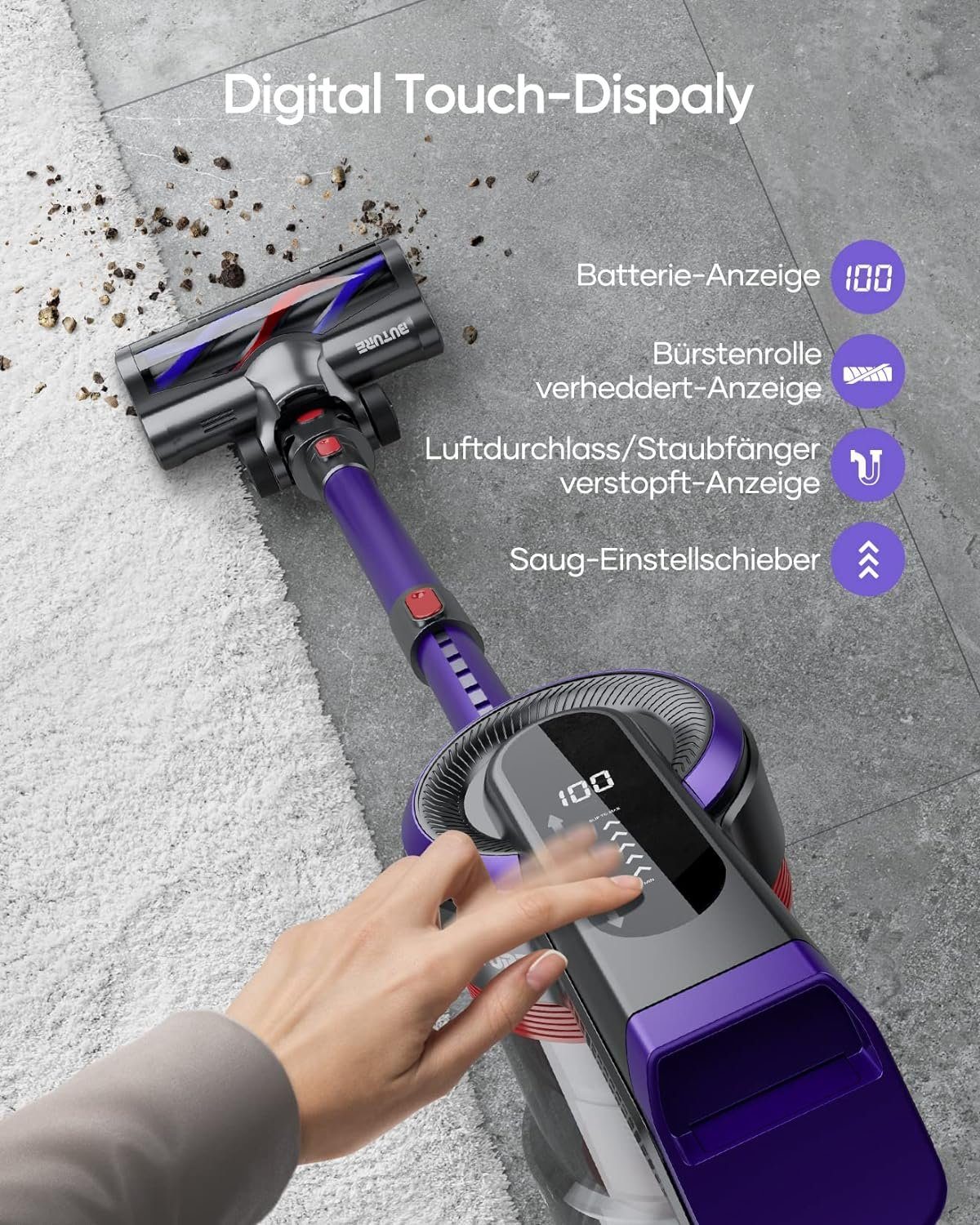 Laresar Akku-Hand-und Stielstaubsauger, 400W/33KPA Akku Staubsauger Touchscreen, Anti-Tangle-Staubsauger, Kantenreinigung, 1.5L