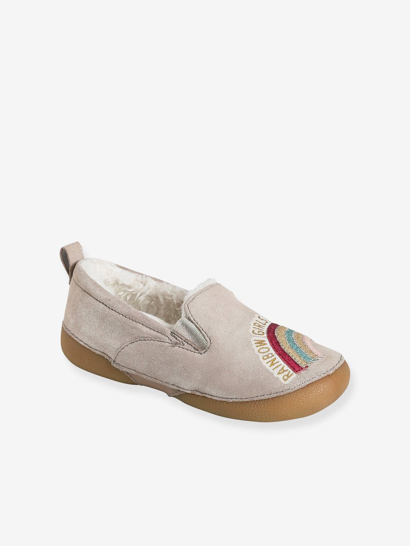Chaussons fourrés élastiqués fille en cuir beige pailleté