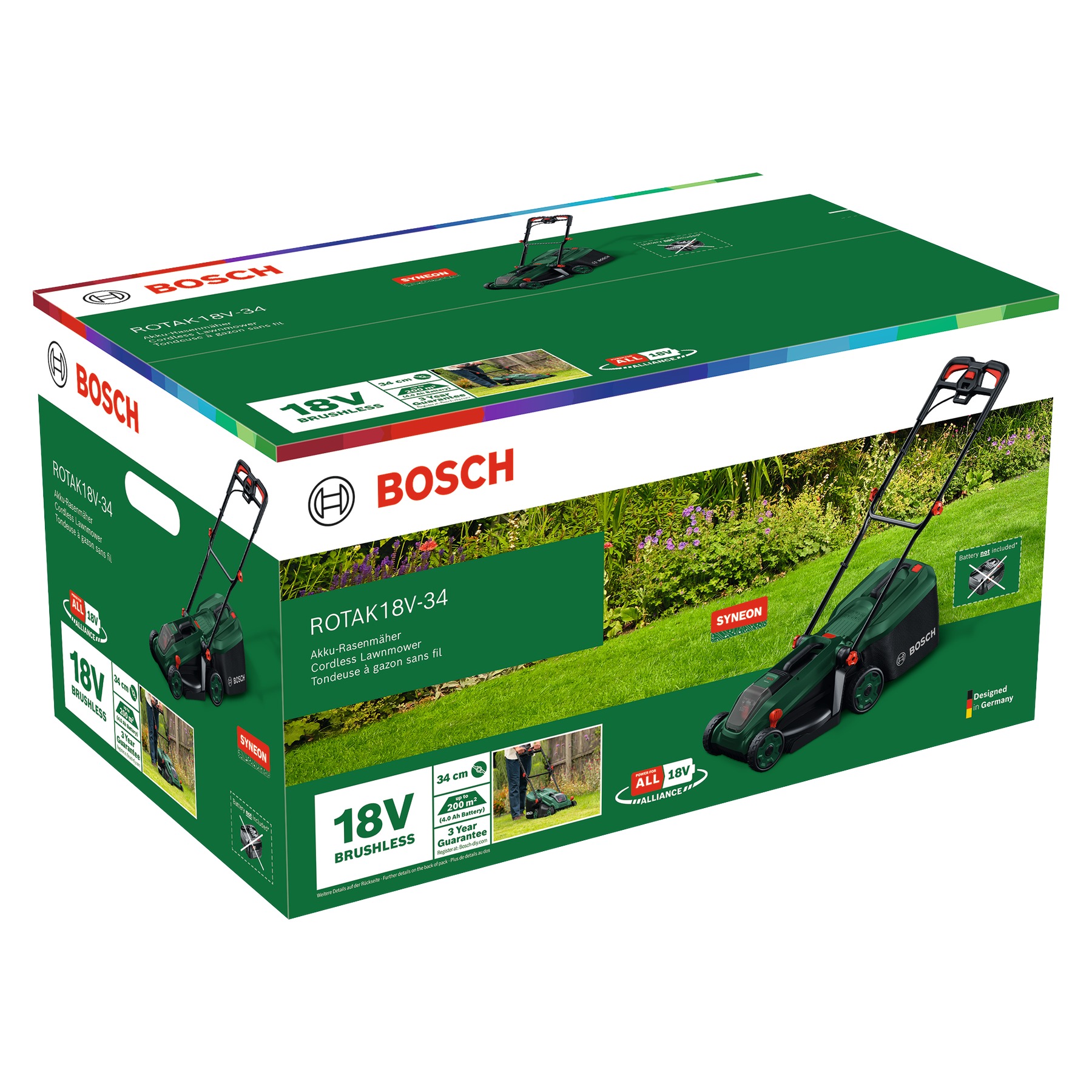 Mașină de tuns iarba fără fir Bosch Green 06008B9N01 Rotak 18V-34, fără baterie și încărcător, 1x priză de mulcire în cutie