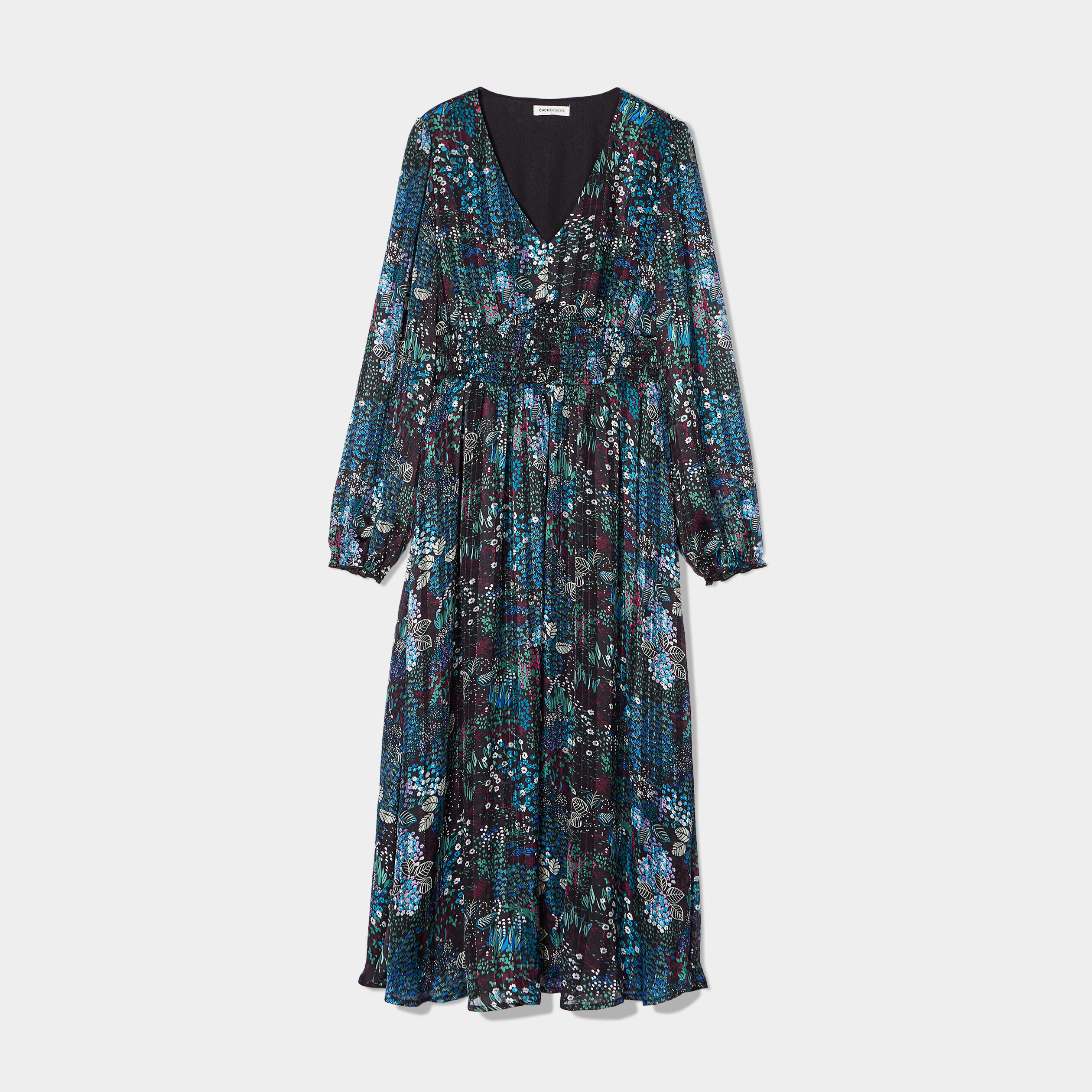Robe longue évasée plissée noir femme | Cache Cache