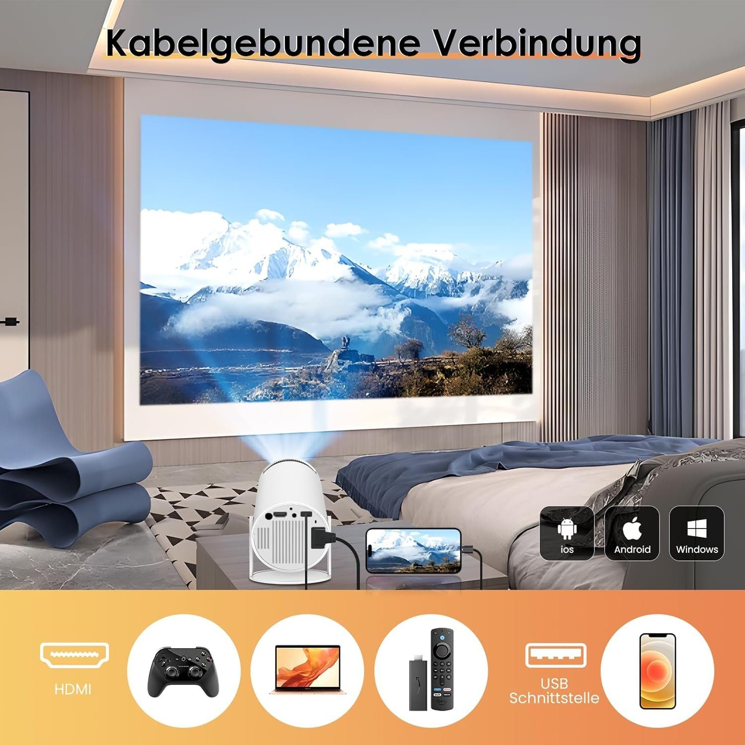 HIPPUS 1080P 5G WiFi Bluetooth, 120 ANSI automatic Mini-Beamer (9000 lm, 1,37:1, 1920x1080 px, Full HD 180°Dreh Maximal 130'' beeindruckende Heimkinoerlebnisse)
