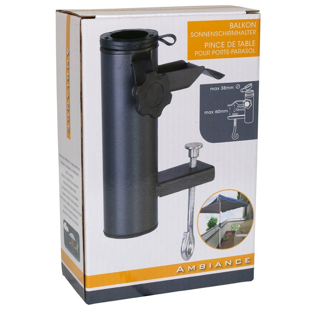 Trendyshop365 Balkonklammer Sonnenschirmhalter Balkongeländer klein aus Metall, für Stöcke bis Ø 48 mm, 1 tlg.