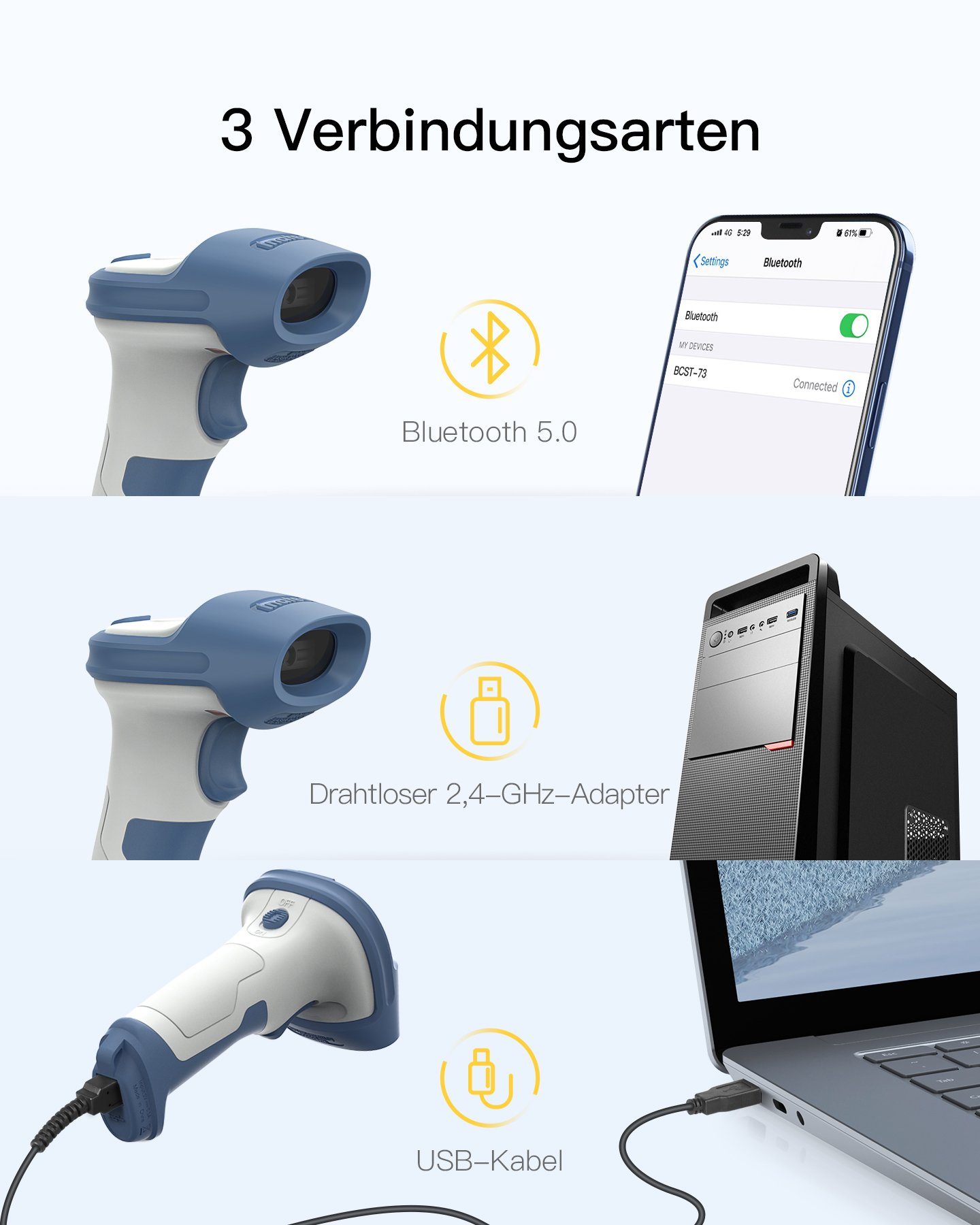 Inateck Wireless Barcode Scanner 2D, Bluetooth 5.0, 2.4Ghz Handscanner
