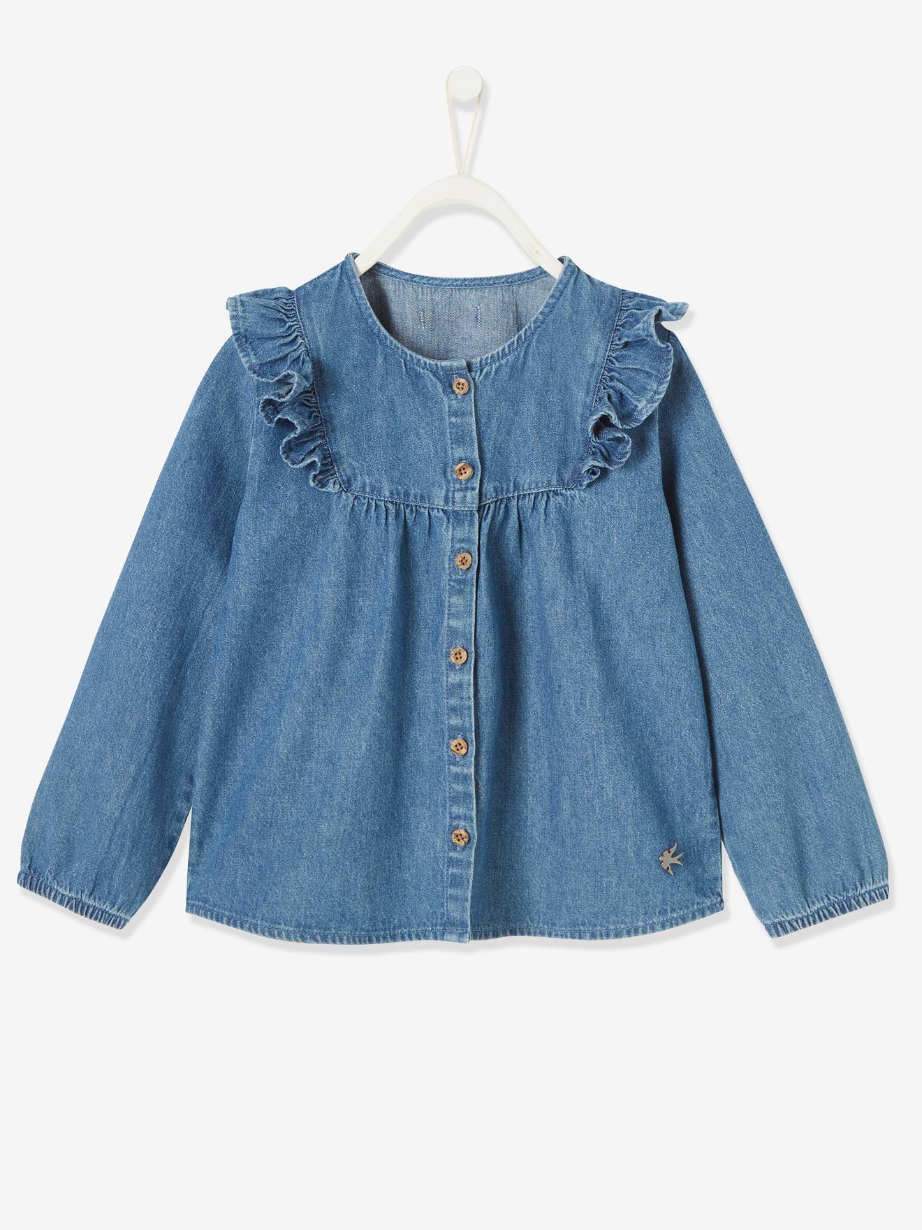 Vertbaudet Mädchen Jeansbluse mit Volants - blue stone